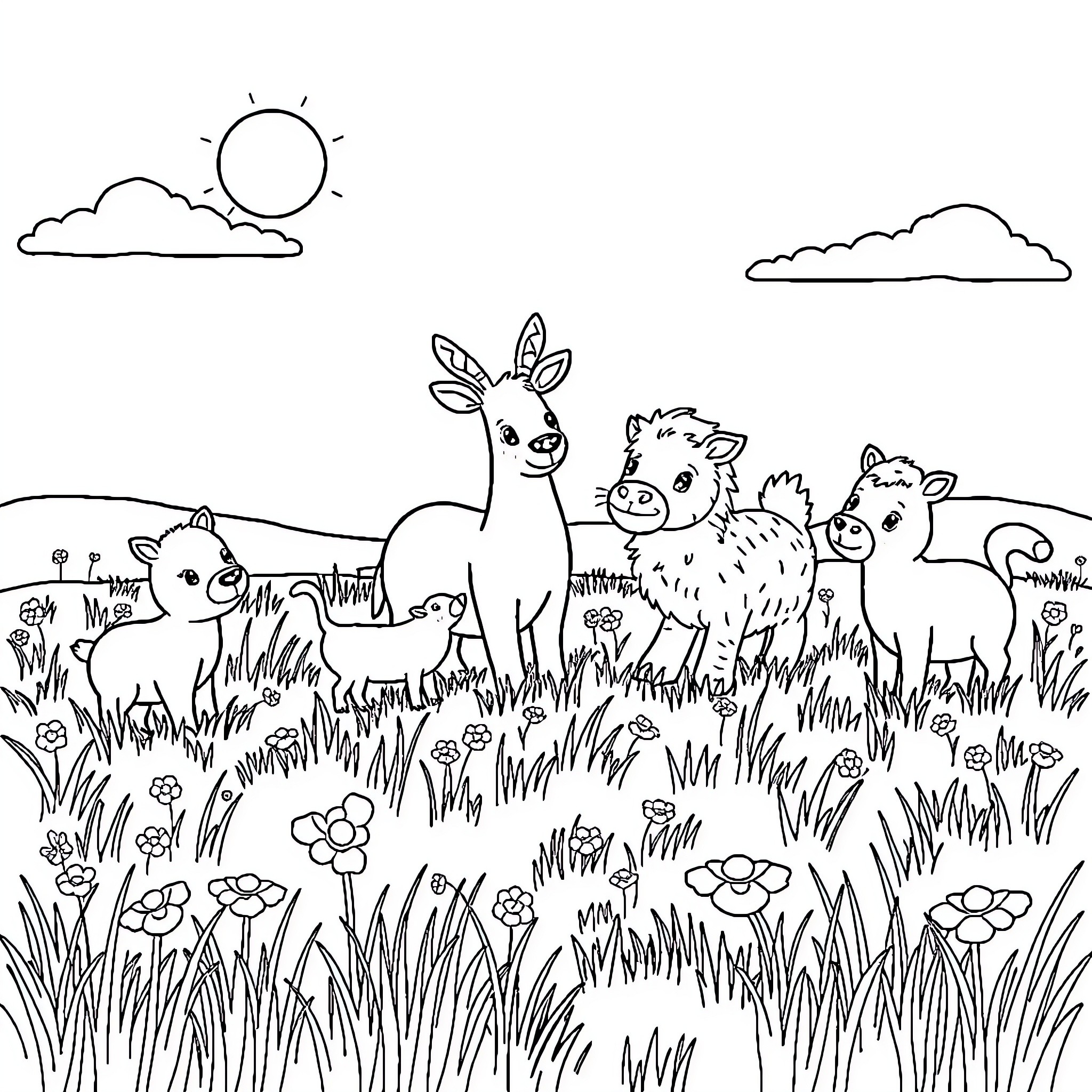 Animal Herd in a Scenic Meadow Coloring Page (free black-and-white line drawing printable PDF for all, from beginners to advanced learners, including children, teens, adults, and seniors)