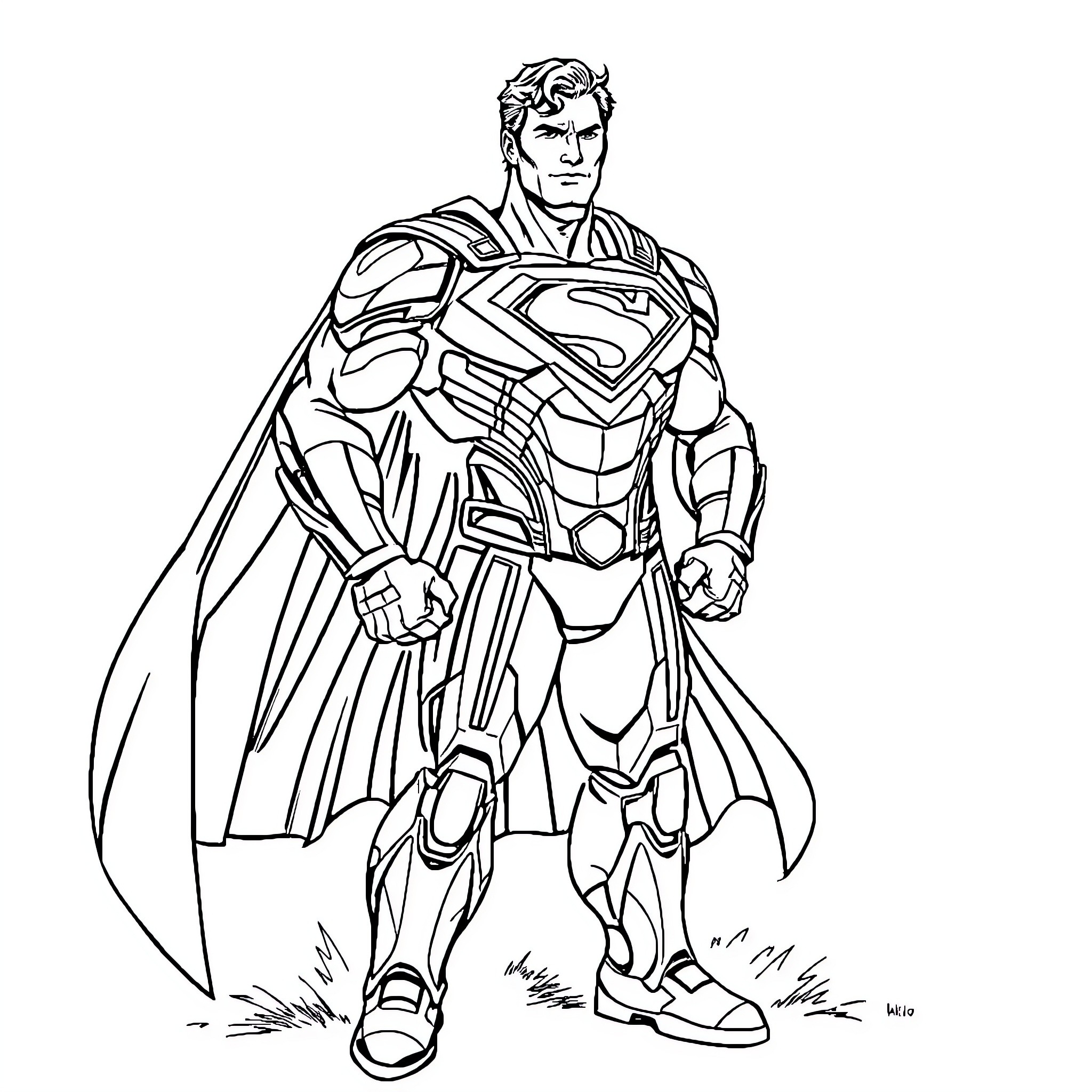 Superman in heroic pose on grassy field Coloring Page (free black-and-white line drawing printable PDF for all, from beginners to advanced learners, including children, teens, adults, and seniors)