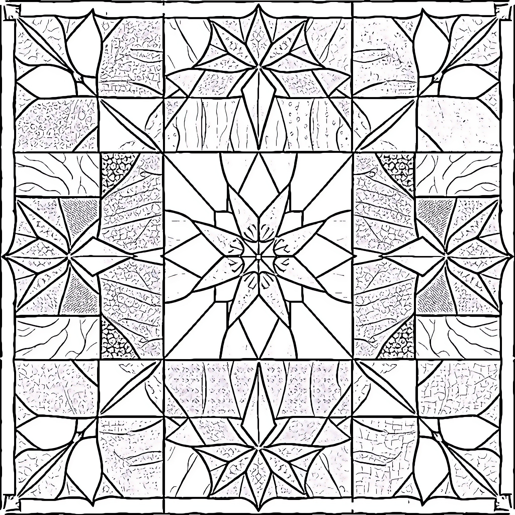 Quilt Block with Intricate Geometric Patterns Coloring Page (free black-and-white line drawing printable PDF for all, from beginners to advanced learners, including children, teens, adults, and seniors)