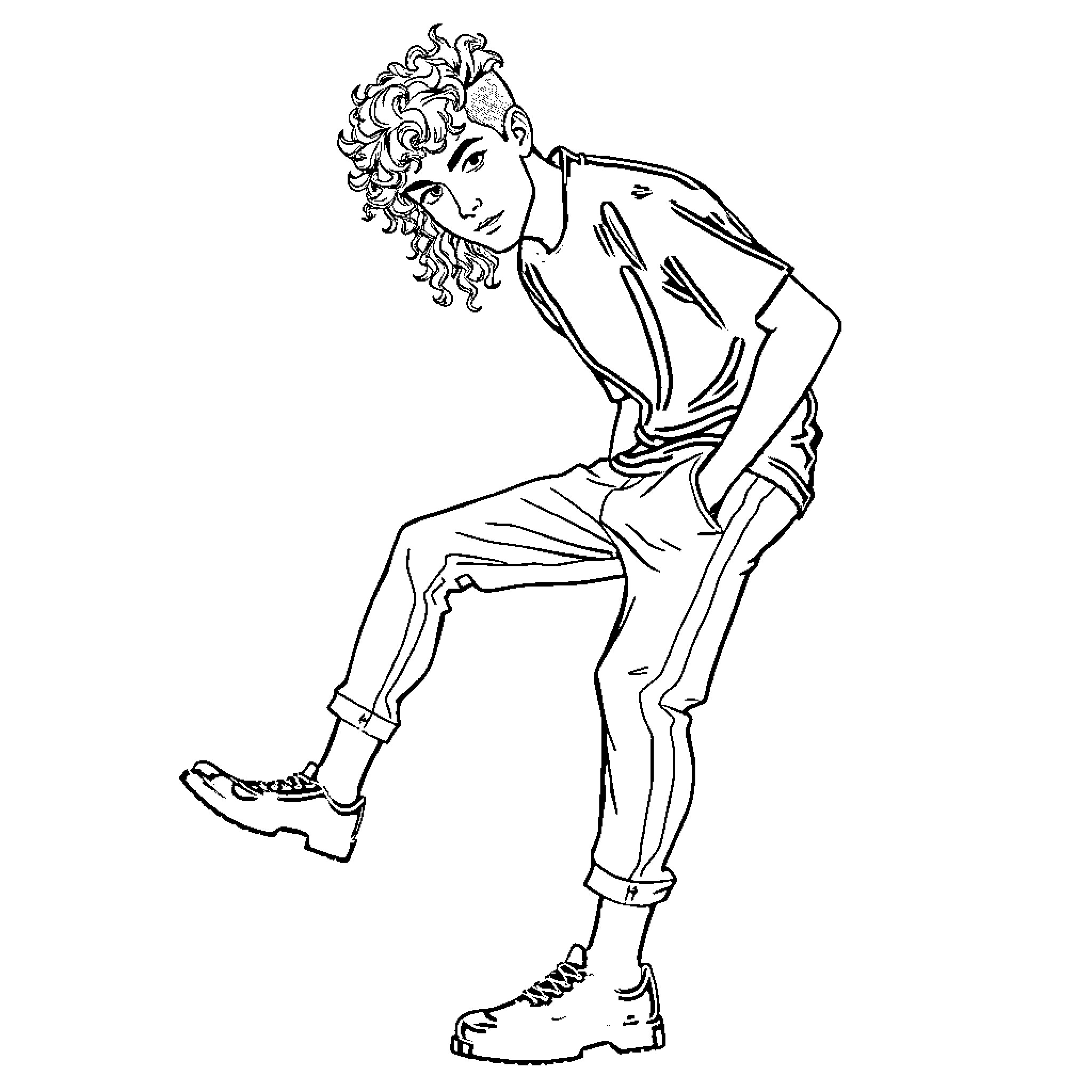 Guy with curly hair striking a pose Coloring Page (free black-and-white line drawing printable PDF for all, from beginners to advanced learners, including children, teens, adults, and seniors)