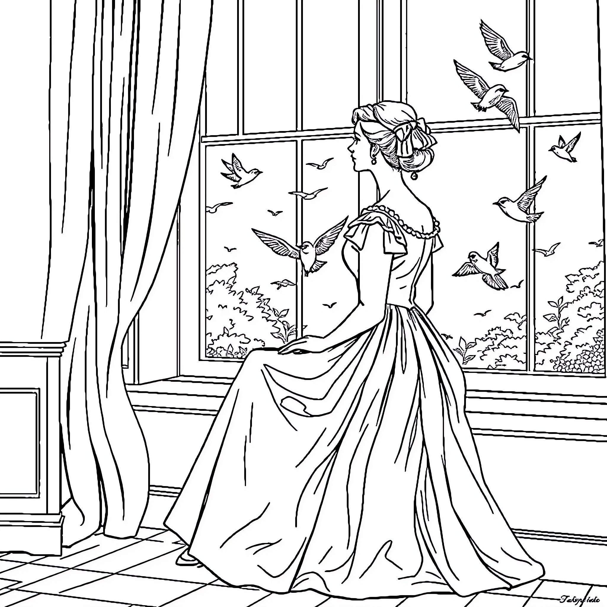 Woman admiring the view through a window with birds Coloring Page (free black-and-white line drawing printable PDF for all, from beginners to advanced learners, including children, teens, adults, and seniors)