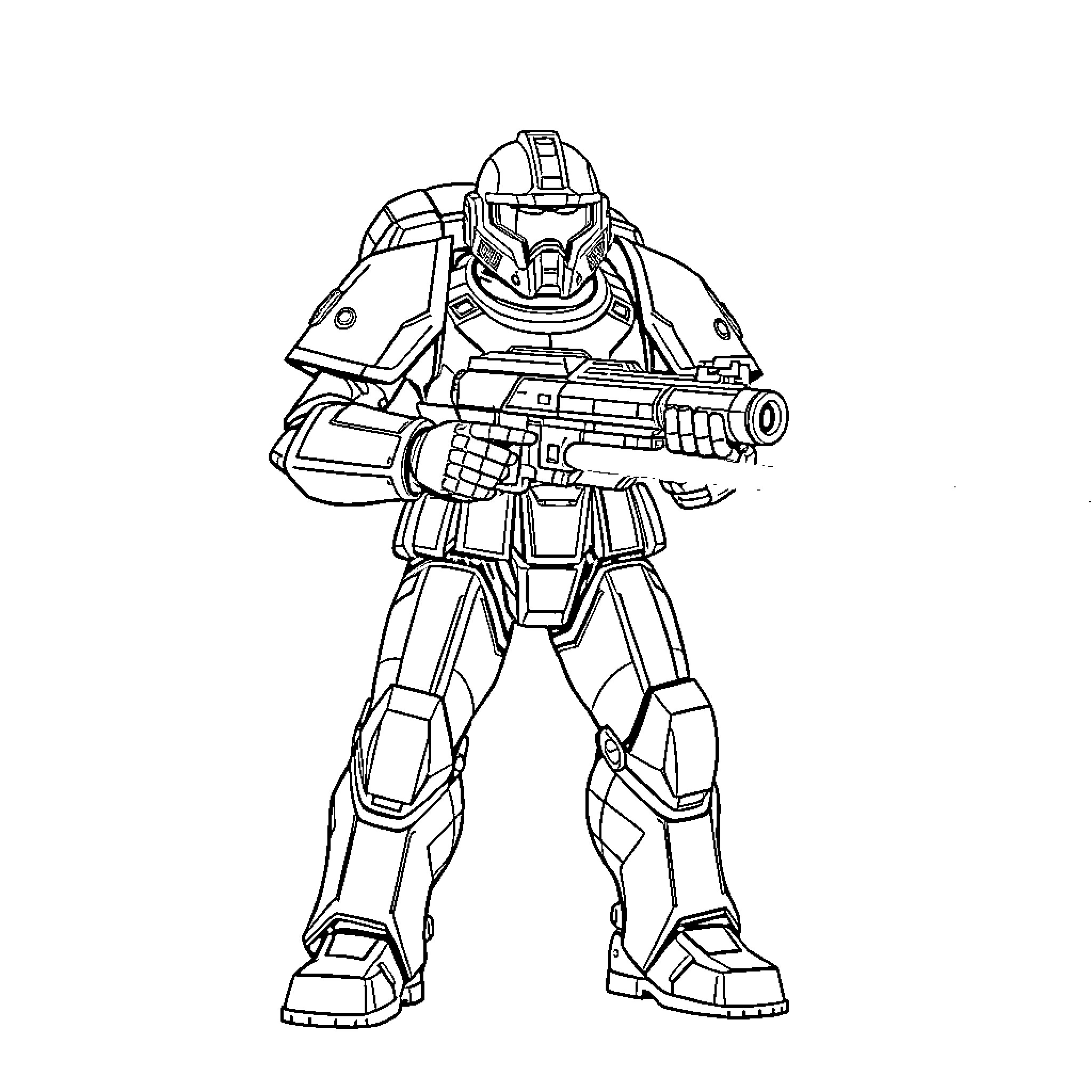 Space Marine Wielding Futuristic Firearm Coloring Page (free black-and-white line drawing printable PDF for all, from beginners to advanced learners, including children, teens, adults, and seniors)