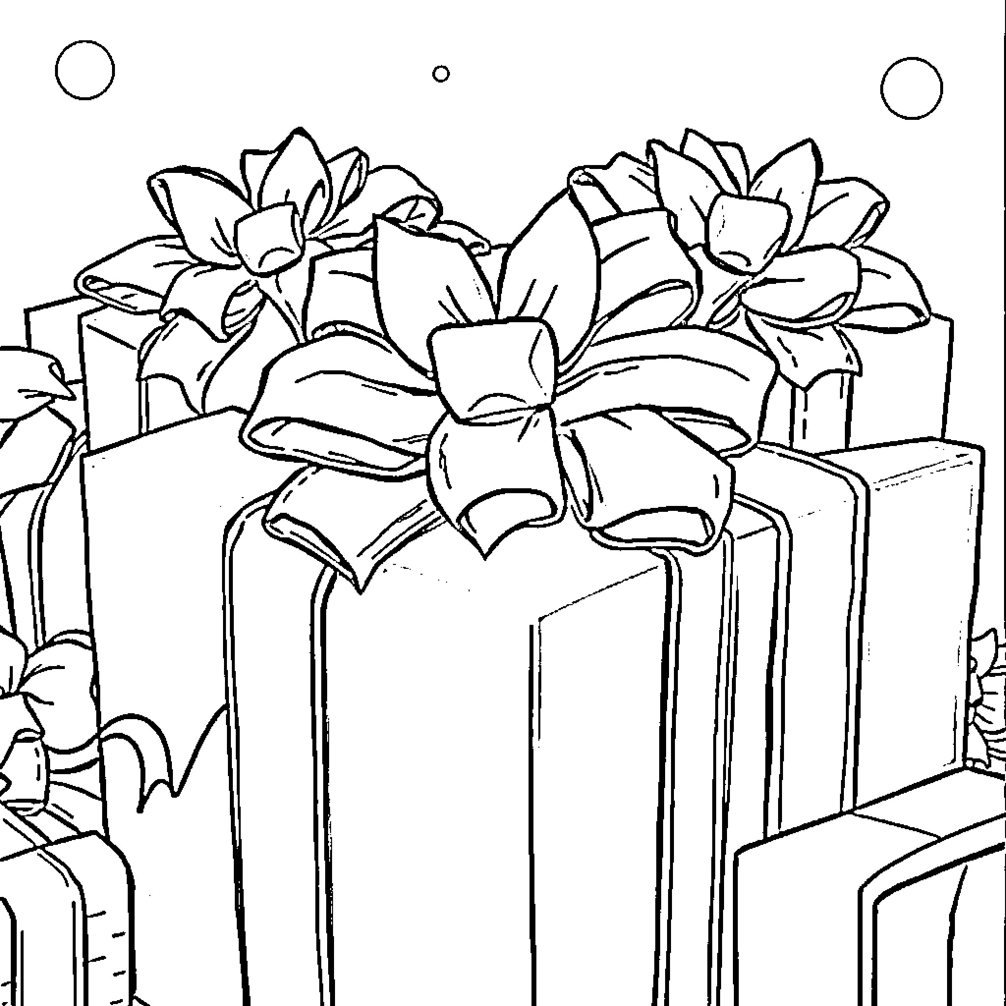 Bow-wrapped gifts with flowers Coloring Page (free black-and-white line drawing printable PDF for all, from beginners to advanced learners, including children, teens, adults, and seniors)
