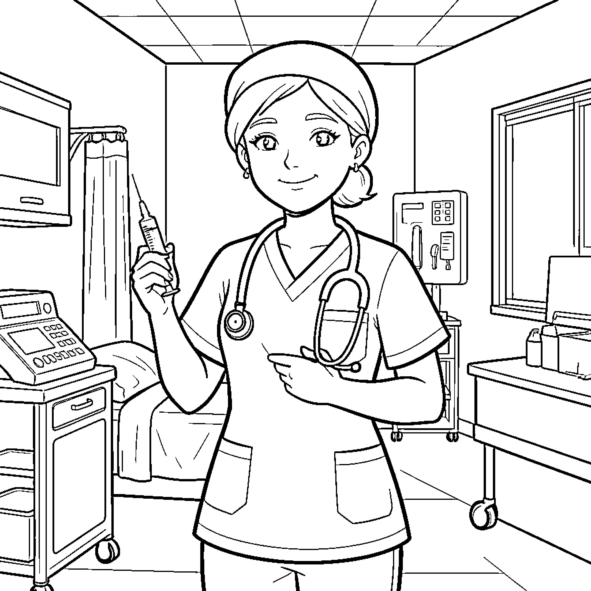 Nurse holding a syringe in a medical room Coloring Page (free black-and-white line drawing printable PDF for all, from beginners to advanced learners, including children, teens, adults, and seniors)