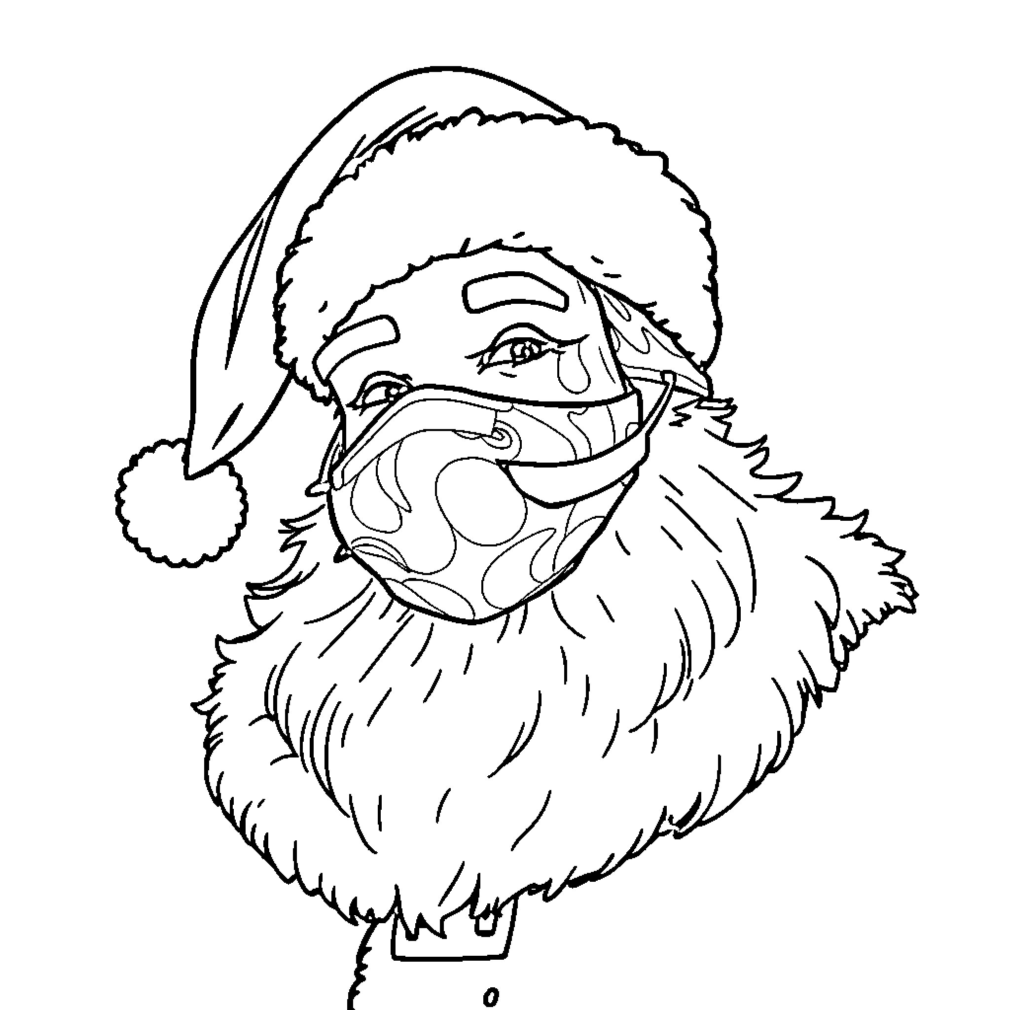 Santa Wearing Festive Mask Coloring Page (free black-and-white line drawing printable PDF for all, from beginners to advanced learners, including children, teens, adults, and seniors)