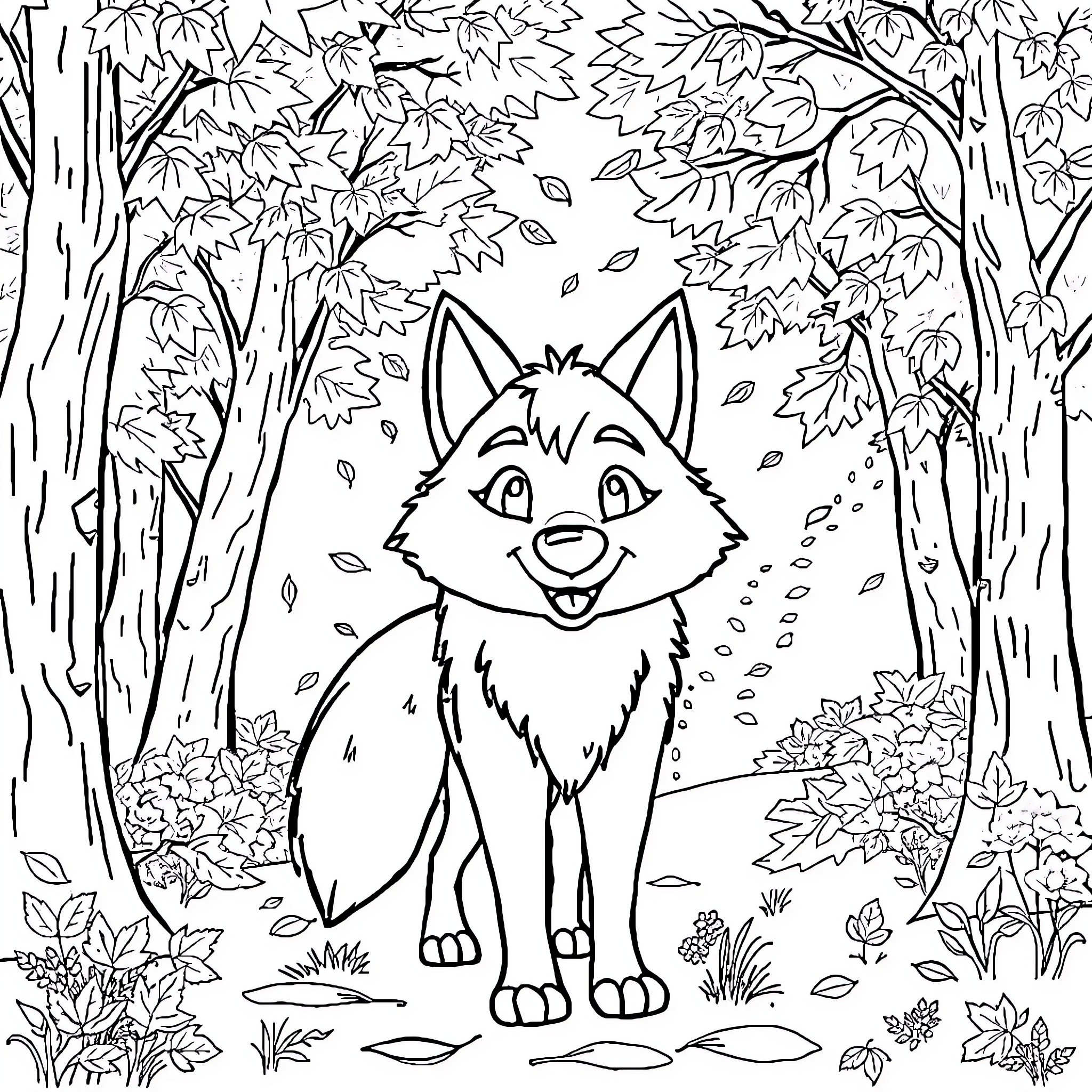 Wolf enjoying the autumn forest scenery Coloring Page (free black-and-white line drawing printable PDF for all, from beginners to advanced learners, including children, teens, adults, and seniors)
