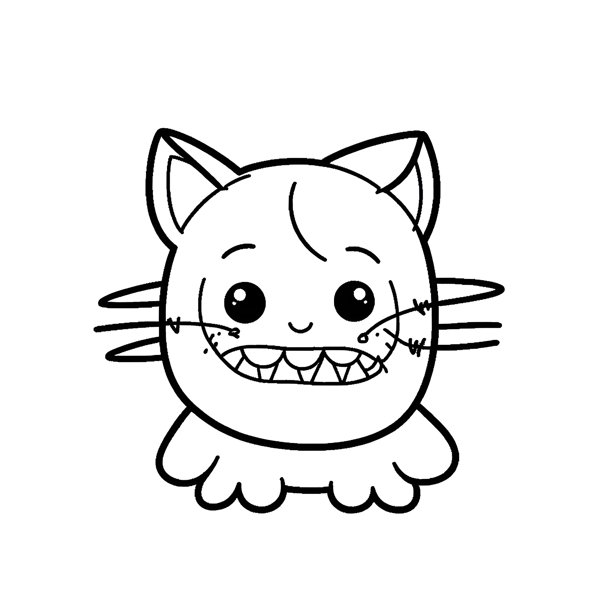 Toothless cute cat character Coloring Page (free black-and-white line drawing printable PDF for all, from beginners to advanced learners, including children, teens, adults, and seniors)