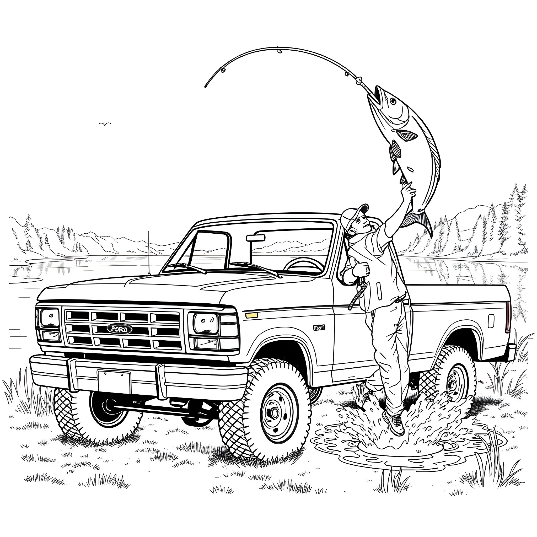 Ford Truck Fishing Adventure in the Outdoors Coloring Page (free black-and-white line drawing printable PDF for all, from beginners to advanced learners, including children, teens, adults, and seniors)