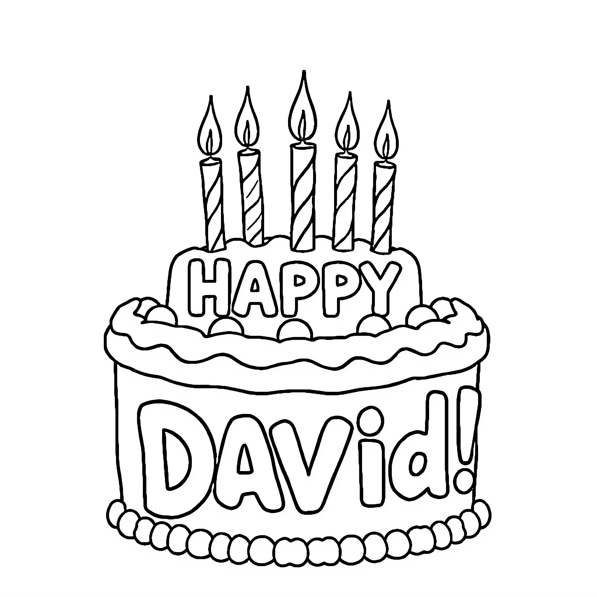 Birthday Cake for David with Lit Candles Coloring Page (free black-and-white line drawing printable PDF for all, from beginners to advanced learners, including children, teens, adults, and seniors)