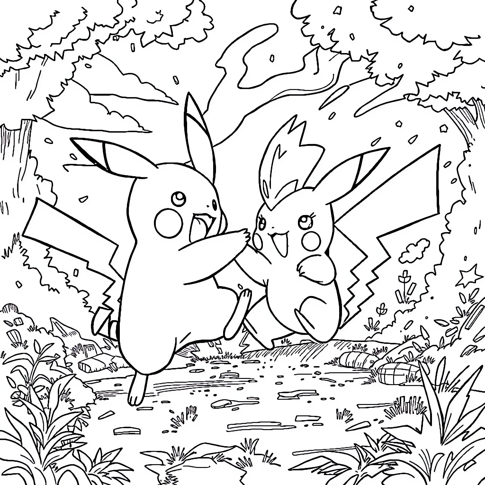 Pikachu enjoying a playful moment in nature Coloring Page (free black-and-white line drawing printable PDF for all, from beginners to advanced learners, including children, teens, adults, and seniors)