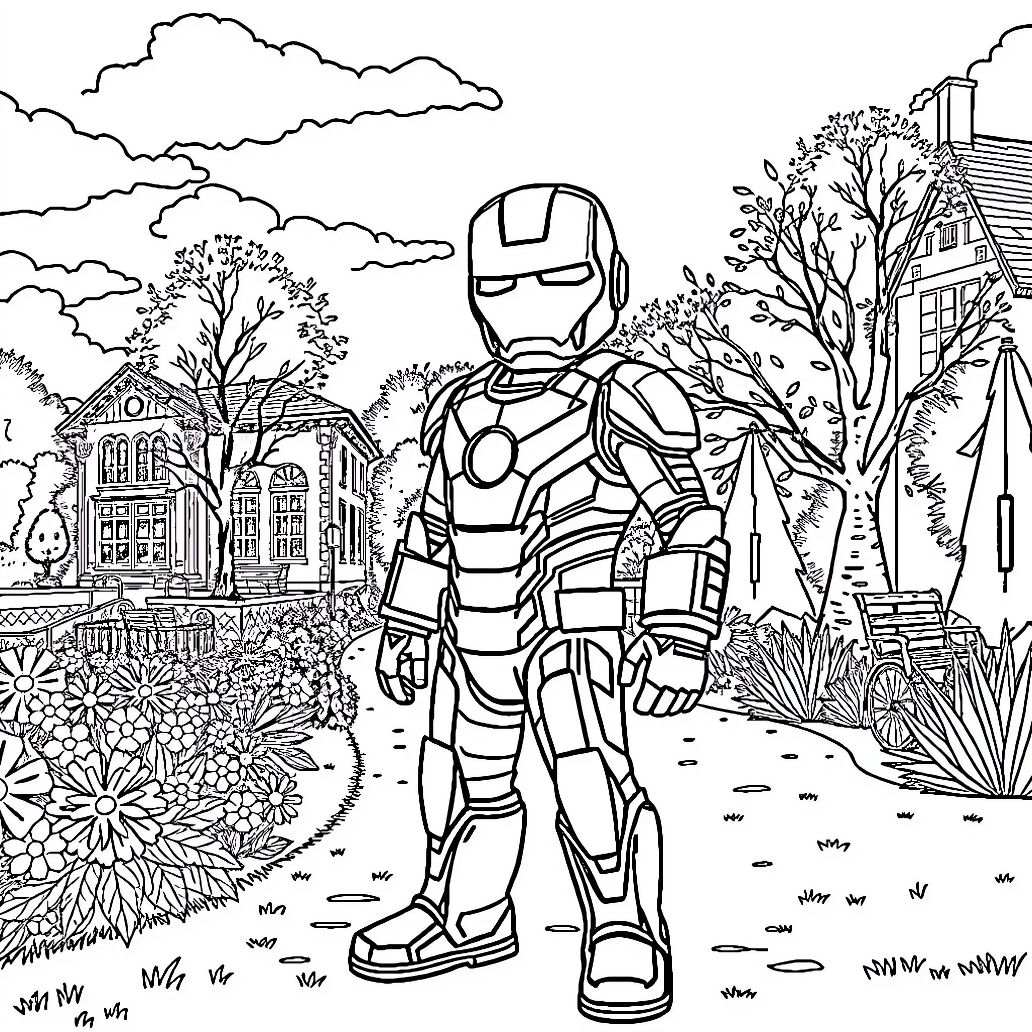 Iron Man in a Serene Garden Setting Coloring Page (free black-and-white line drawing printable PDF for all, from beginners to advanced learners, including children, teens, adults, and seniors)