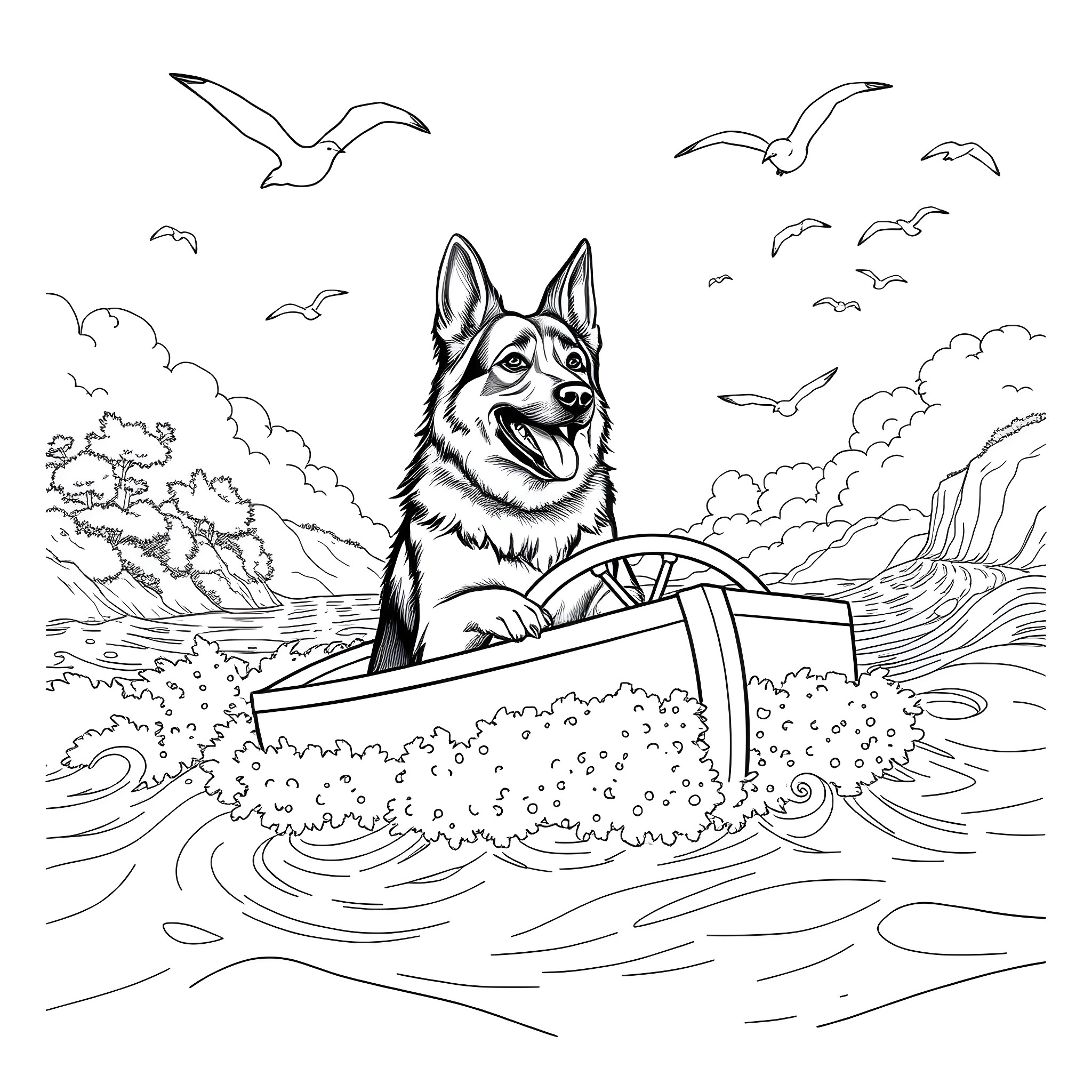 German Shepherd dog riding boat on the water Coloring Page (free black-and-white line drawing printable PDF for all, from beginners to advanced learners, including children, teens, adults, and seniors)