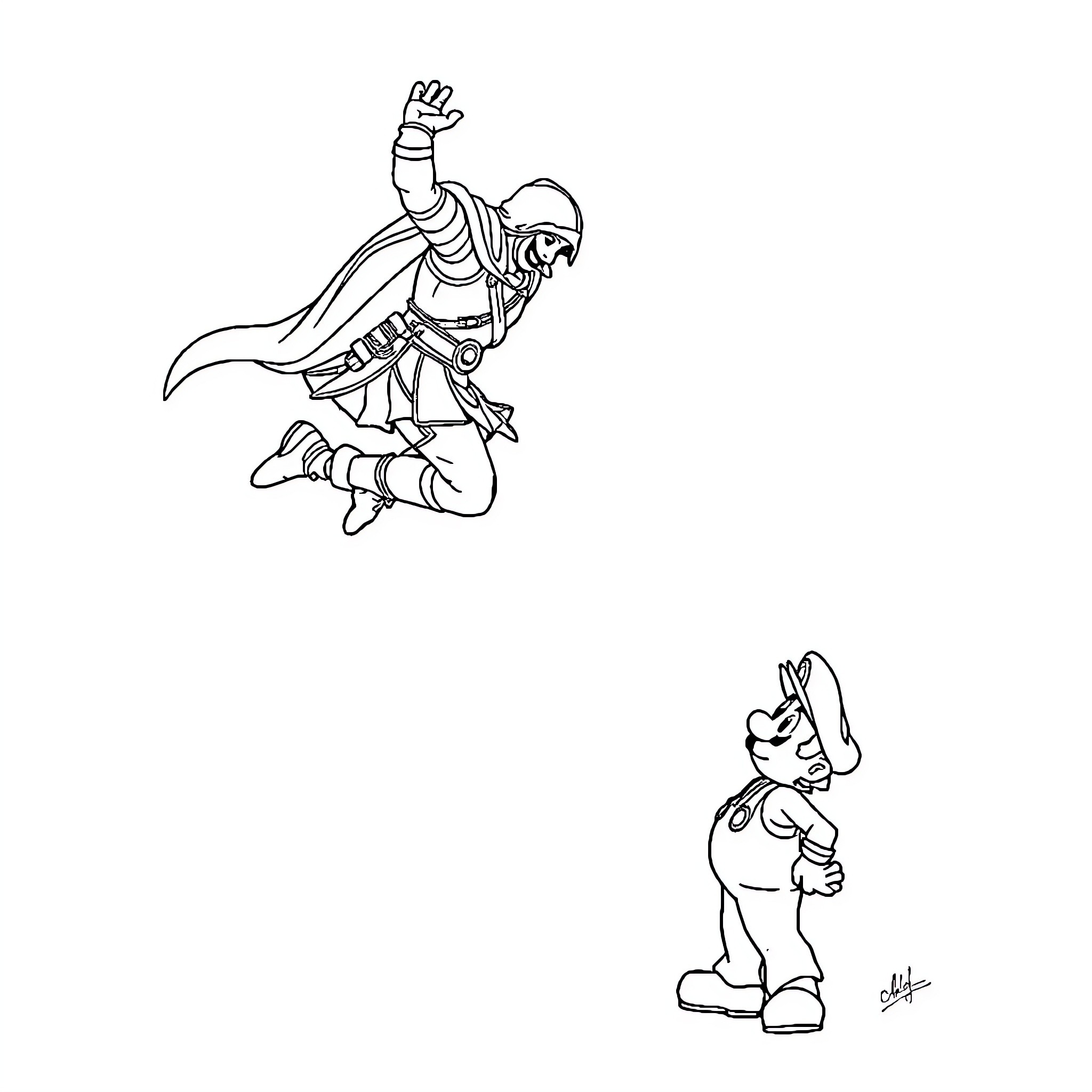 Ezio's Daring Moves and Playful Antics Coloring Page (free black-and-white line drawing printable PDF for all, from beginners to advanced learners, including children, teens, adults, and seniors)