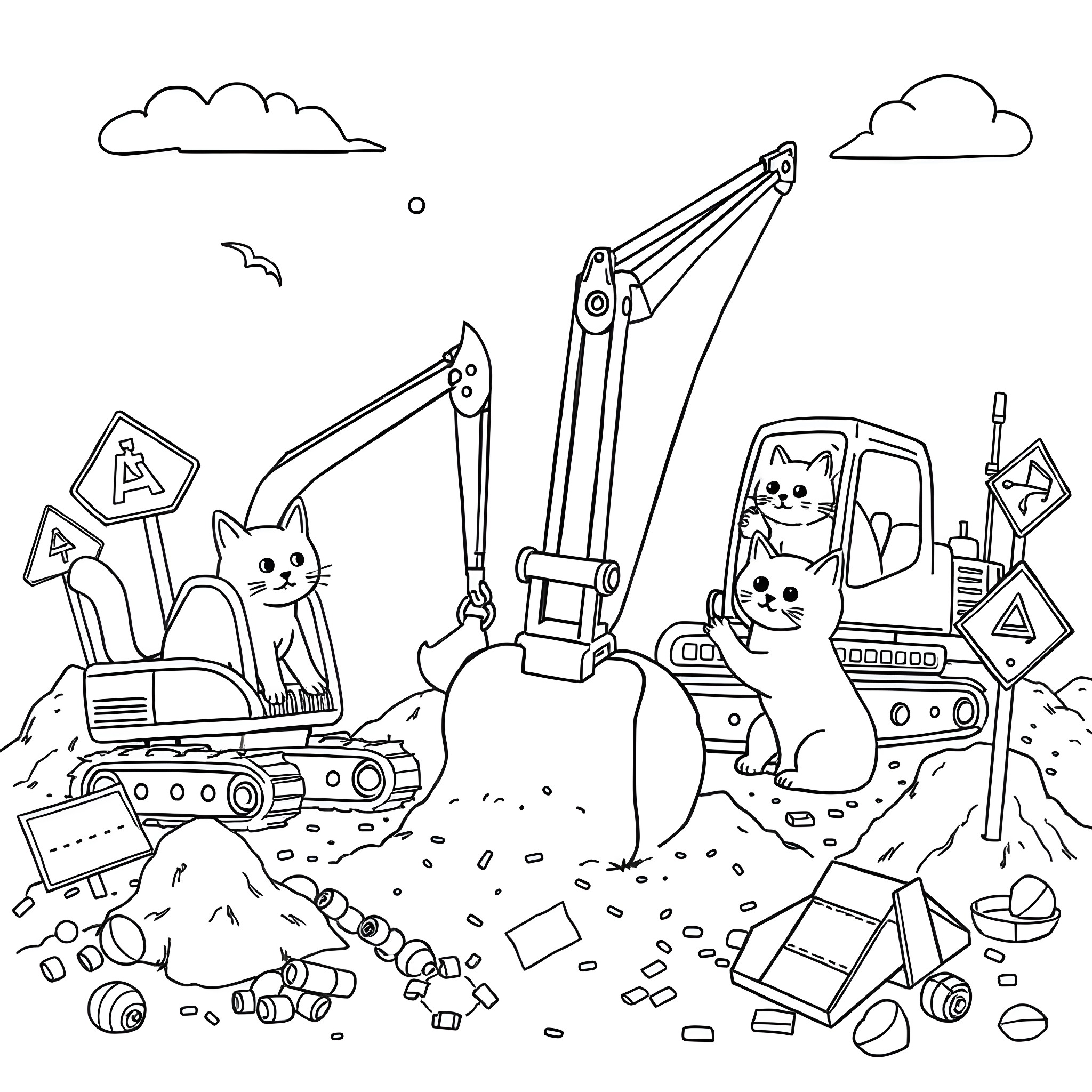 Cat Construction Site Adventure Coloring Page (free black-and-white line drawing printable PDF for all, from beginners to advanced learners, including children, teens, adults, and seniors)