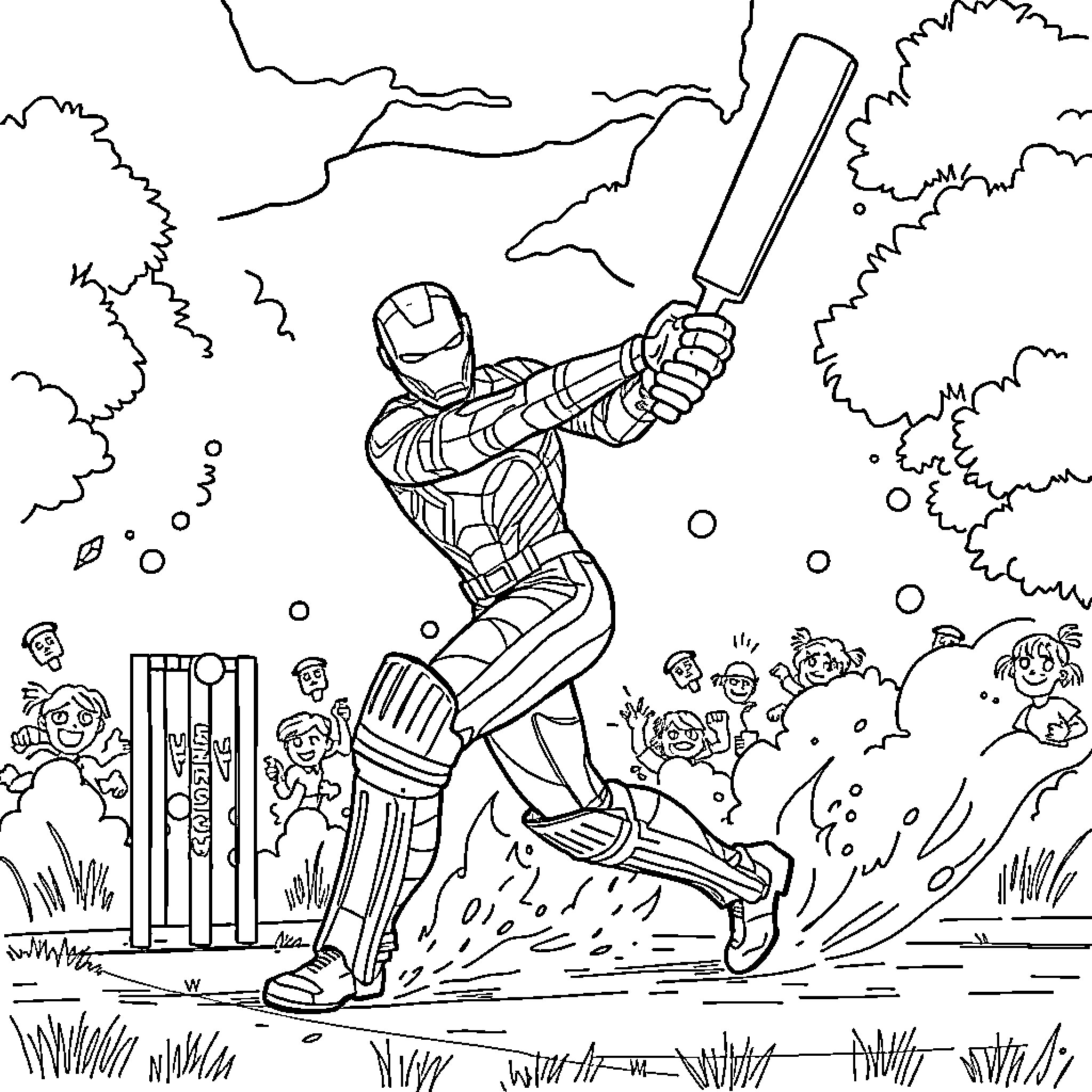 Ironman playing cricket in a serene outdoor scene Coloring Page (free black-and-white line drawing printable PDF for all, from beginners to advanced learners, including children, teens, adults, and seniors)