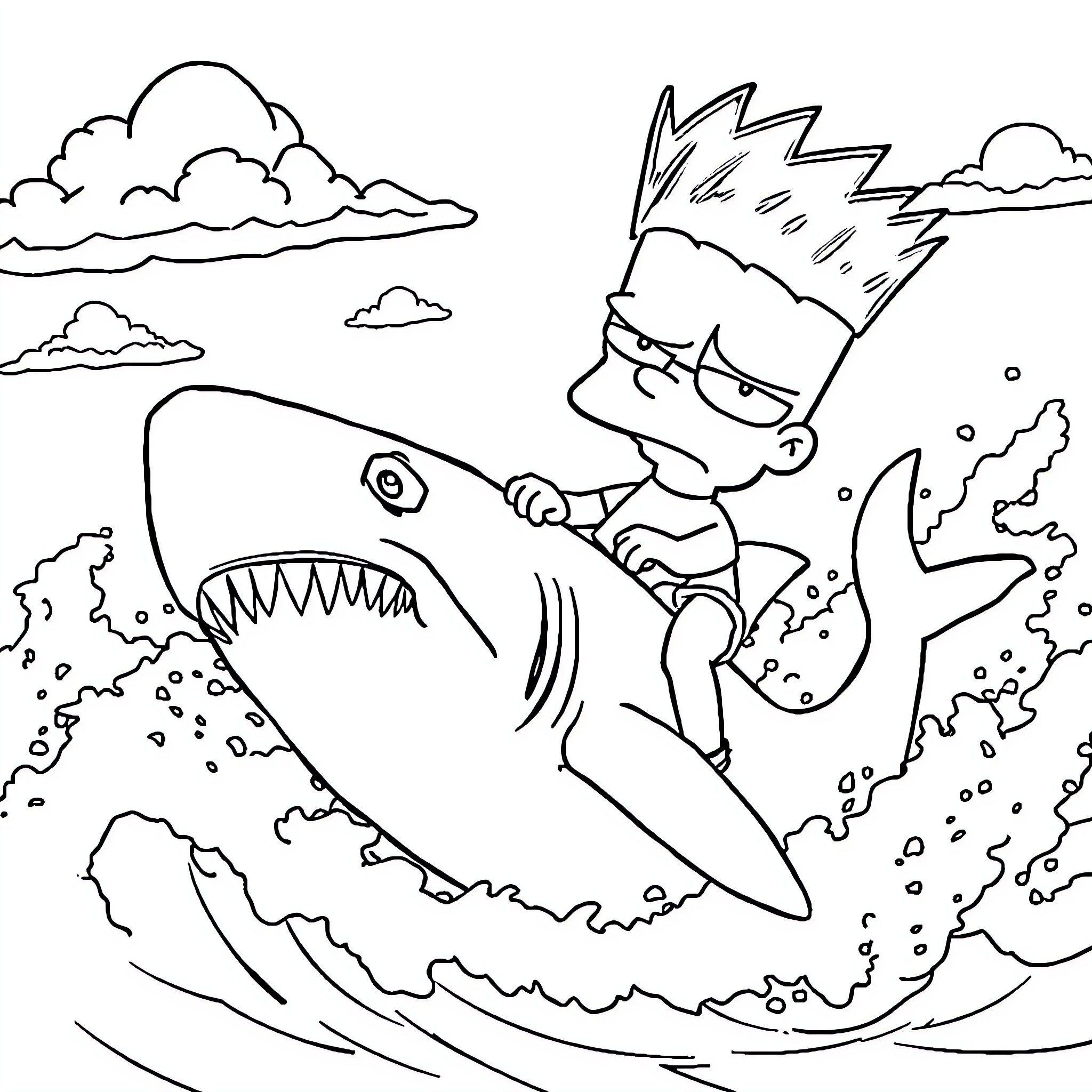 Bart Simpson riding a shark in the ocean Coloring Page (free black-and-white line drawing printable PDF for all, from beginners to advanced learners, including children, teens, adults, and seniors)