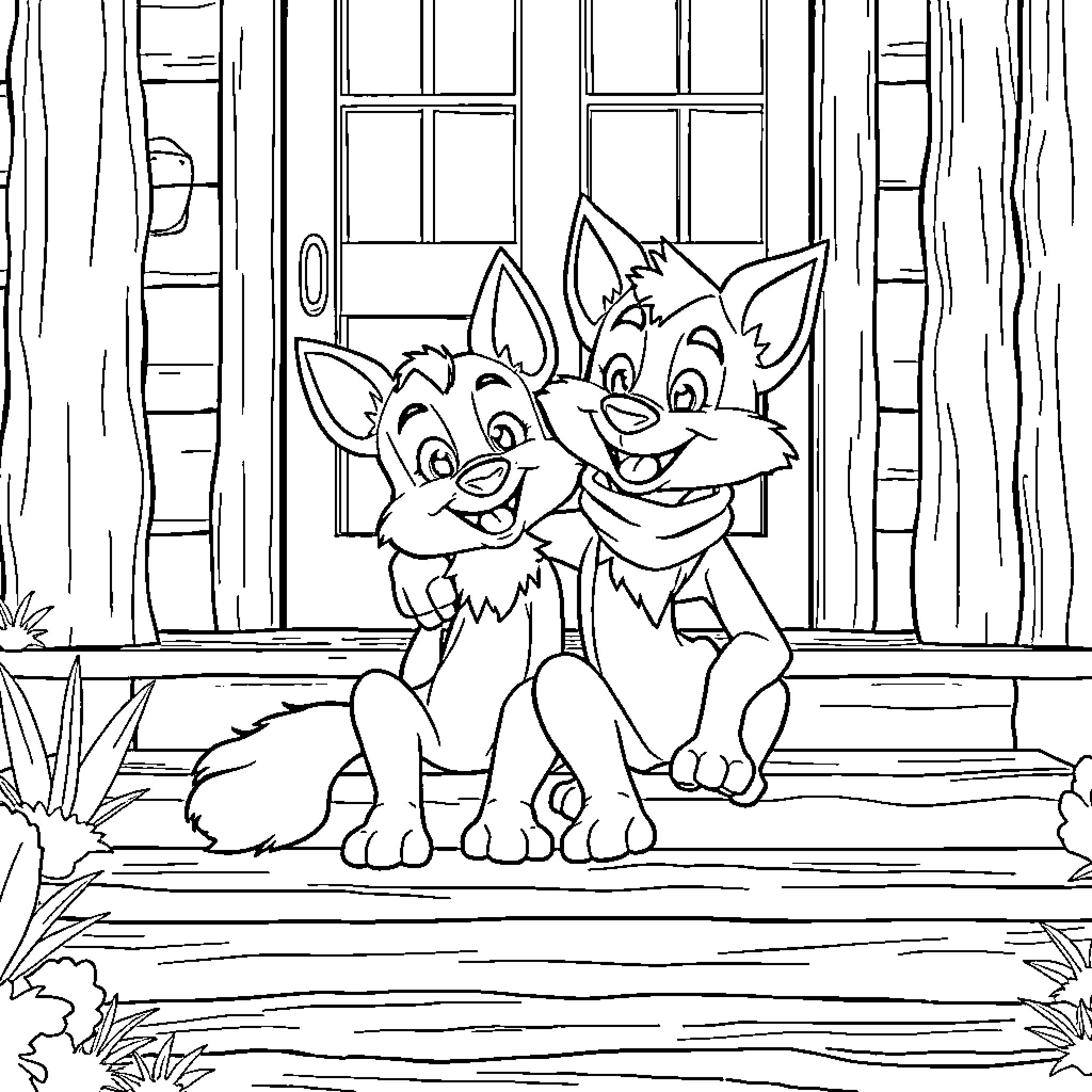 Bluey and friends playing happily outside Coloring Page (free black-and-white line drawing printable PDF for all, from beginners to advanced learners, including children, teens, adults, and seniors)