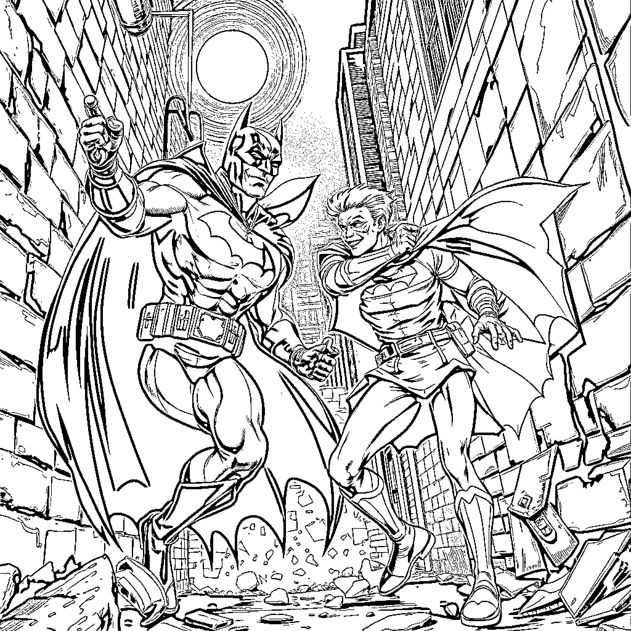 Batman and Robin Battle Villains in Gotham City Coloring Page (free black-and-white line drawing printable PDF for all, from beginners to advanced learners, including children, teens, adults, and seniors)