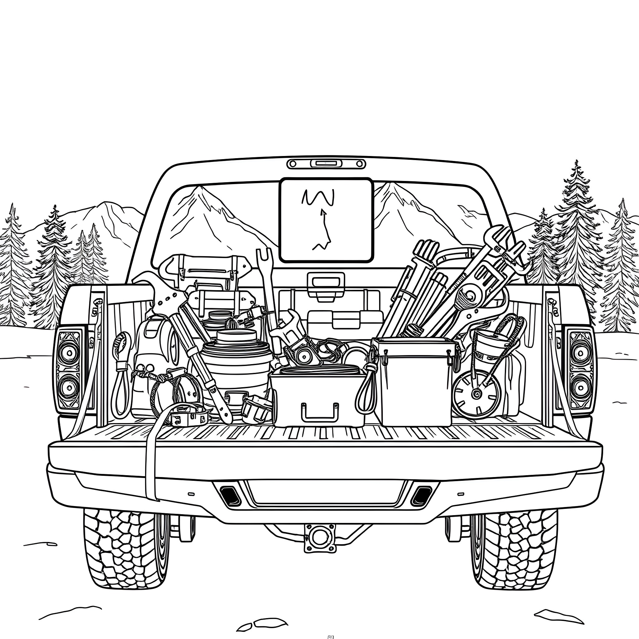 Truck loaded with camping gear for outdoor adventure Coloring Page (free black-and-white line drawing printable PDF for all, from beginners to advanced learners, including children, teens, adults, and seniors)