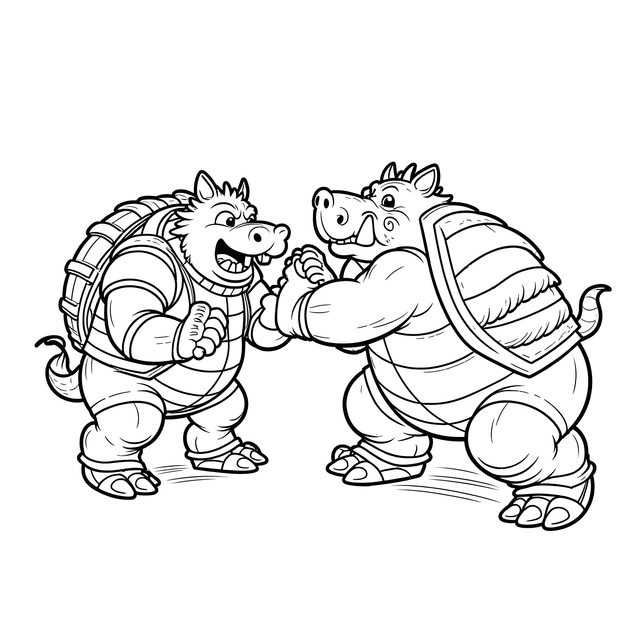 Roadhog duo wrestling in playful match Coloring Page (free black-and-white line drawing printable PDF for all, from beginners to advanced learners, including children, teens, adults, and seniors)