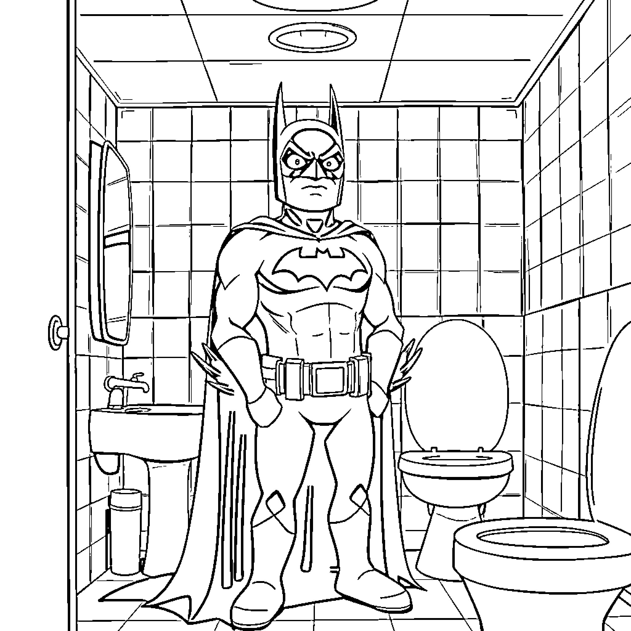 Batman standing in a bathroom with serious expression Coloring Page (free black-and-white line drawing printable PDF for all, from beginners to advanced learners, including children, teens, adults, and seniors)