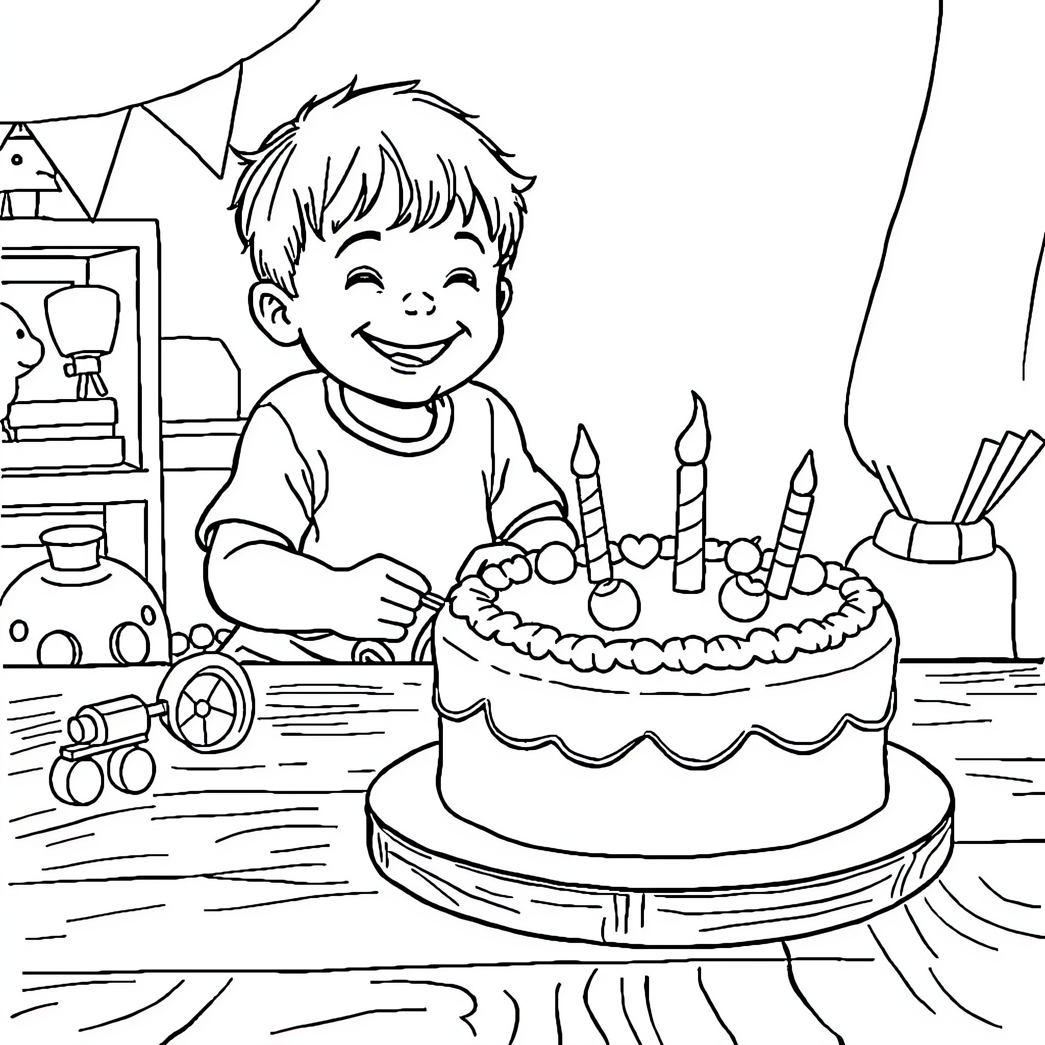 Kid celebrating with festive birthday cake Coloring Page (free black-and-white line drawing printable PDF for all, from beginners to advanced learners, including children, teens, adults, and seniors)
