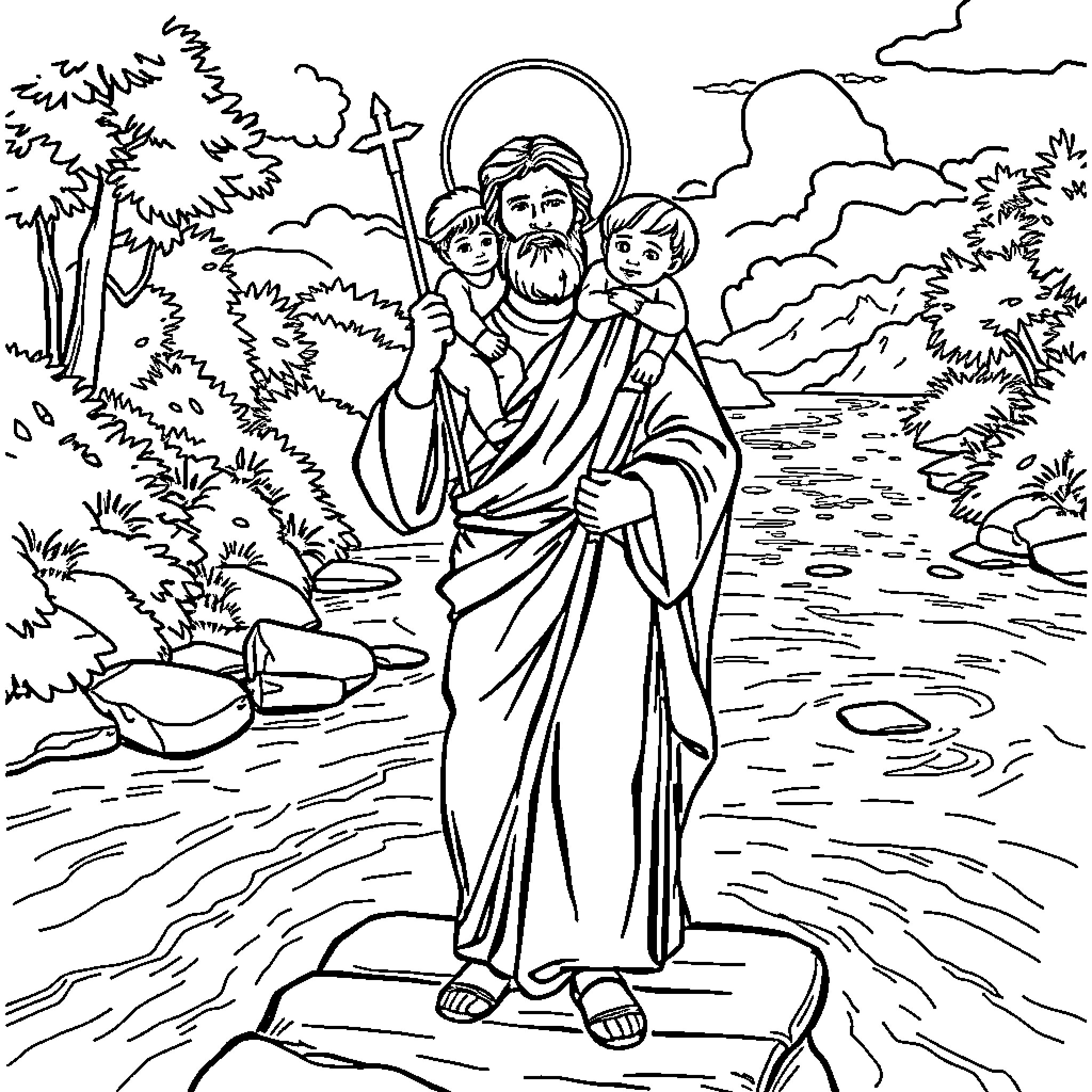Saint Christopher carrying children through the stream Coloring Page (free black-and-white line drawing printable PDF for all, from beginners to advanced learners, including children, teens, adults, and seniors)