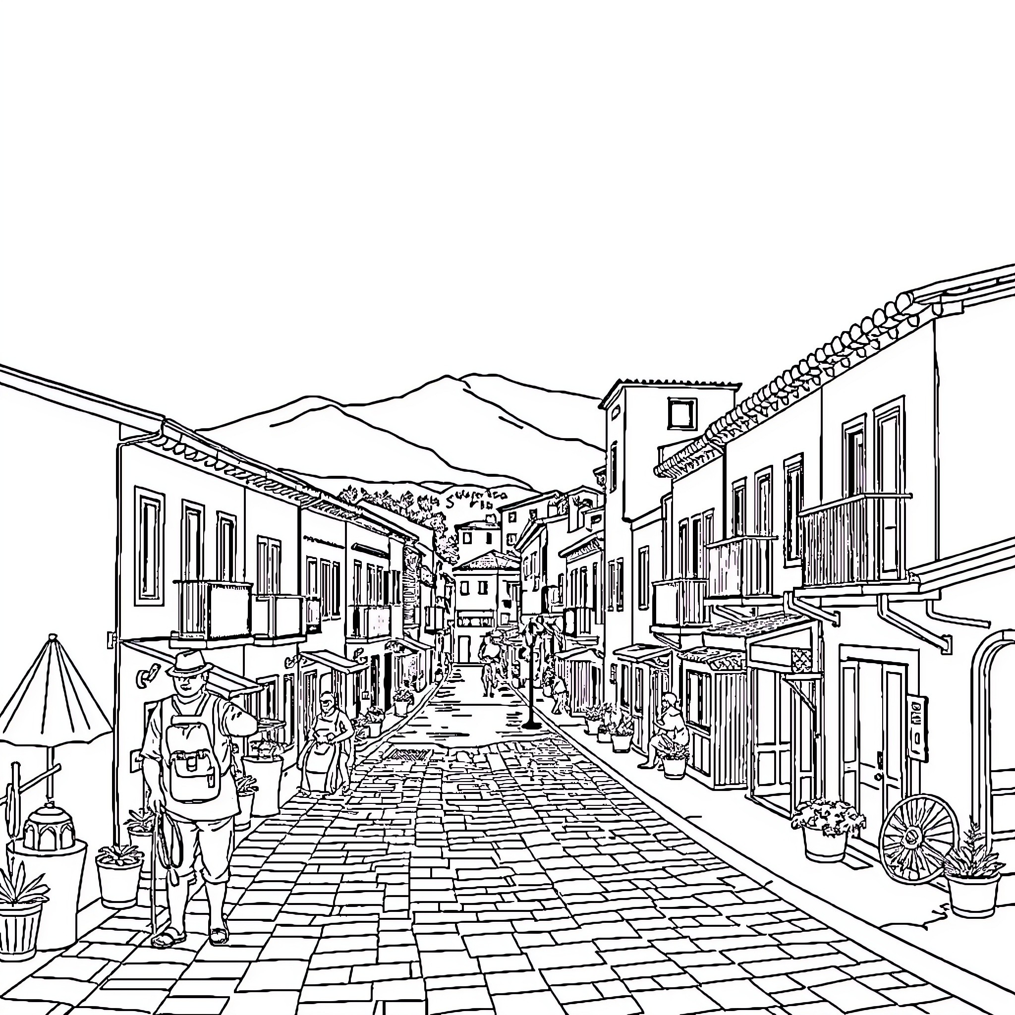 Espanola street market with vendors and mountain backdrop Coloring Page (free black-and-white line drawing printable PDF for all, from beginners to advanced learners, including children, teens, adults, and seniors)