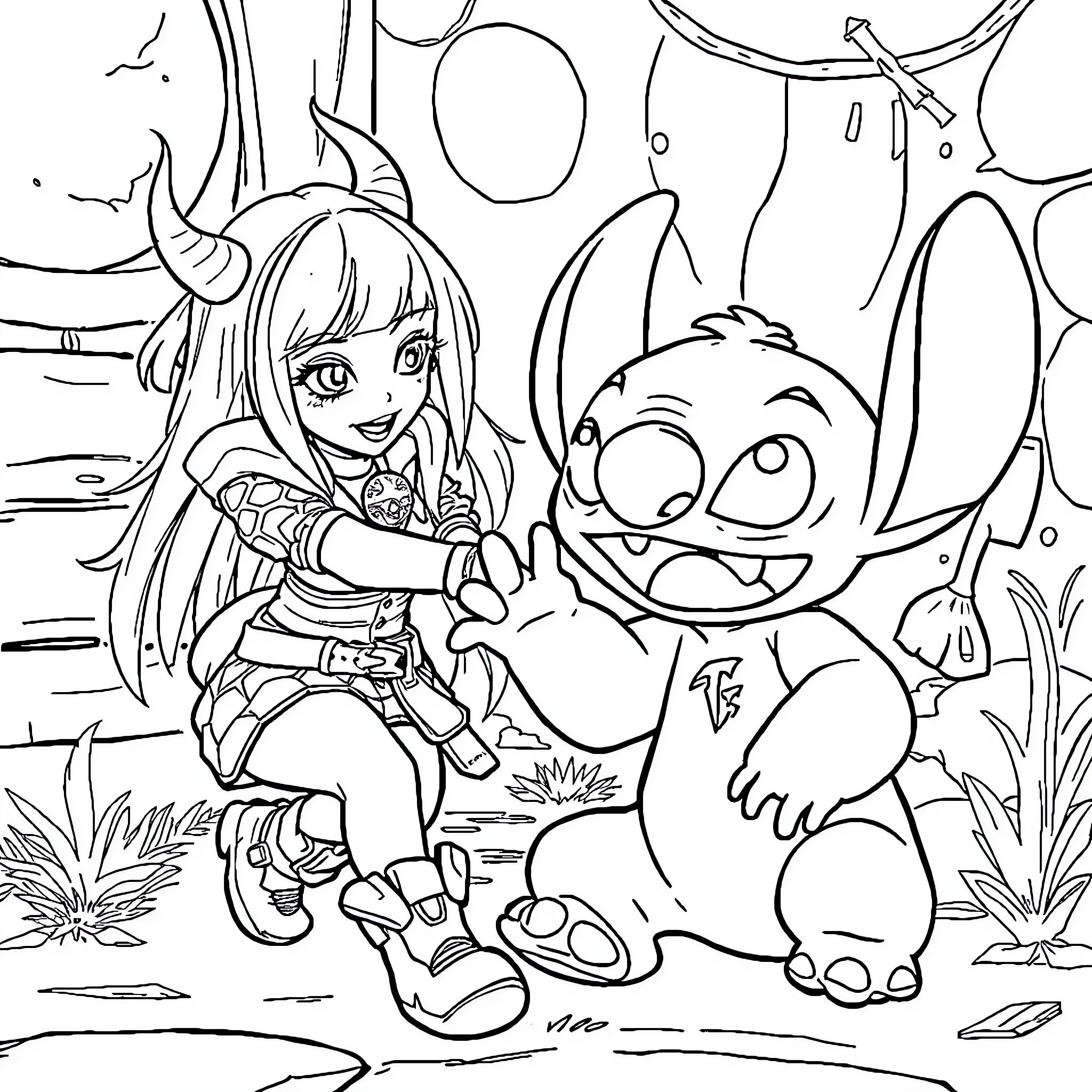 Rumi's Playful Adventure with a Whimsical Creature Coloring Page (free black-and-white line drawing printable PDF for all, from beginners to advanced learners, including children, teens, adults, and seniors)