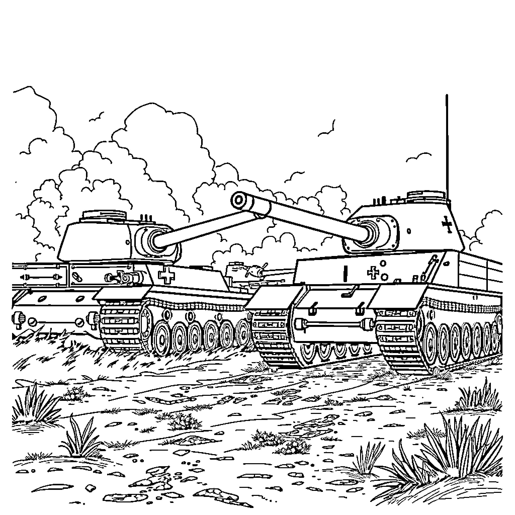 Tank on the battlefield with smoke and clouds Coloring Page (free black-and-white line drawing printable PDF for all, from beginners to advanced learners, including children, teens, adults, and seniors)