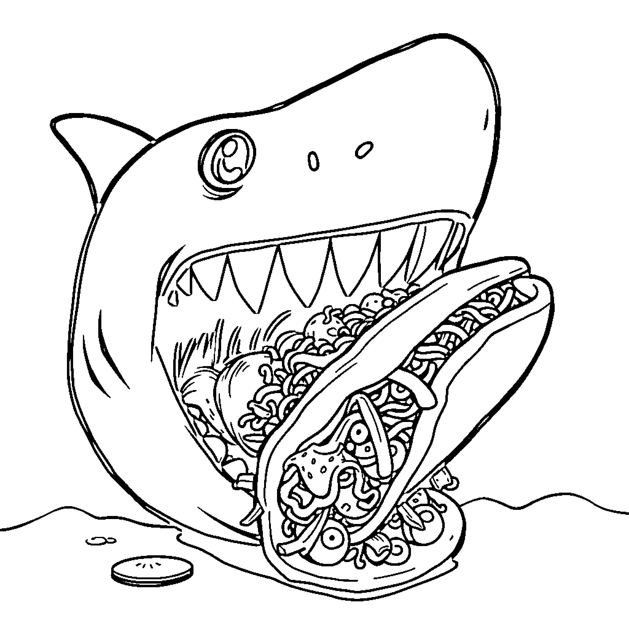 Shark with intricate patterns attacking prey Coloring Page (free black-and-white line drawing printable PDF for all, from beginners to advanced learners, including children, teens, adults, and seniors)