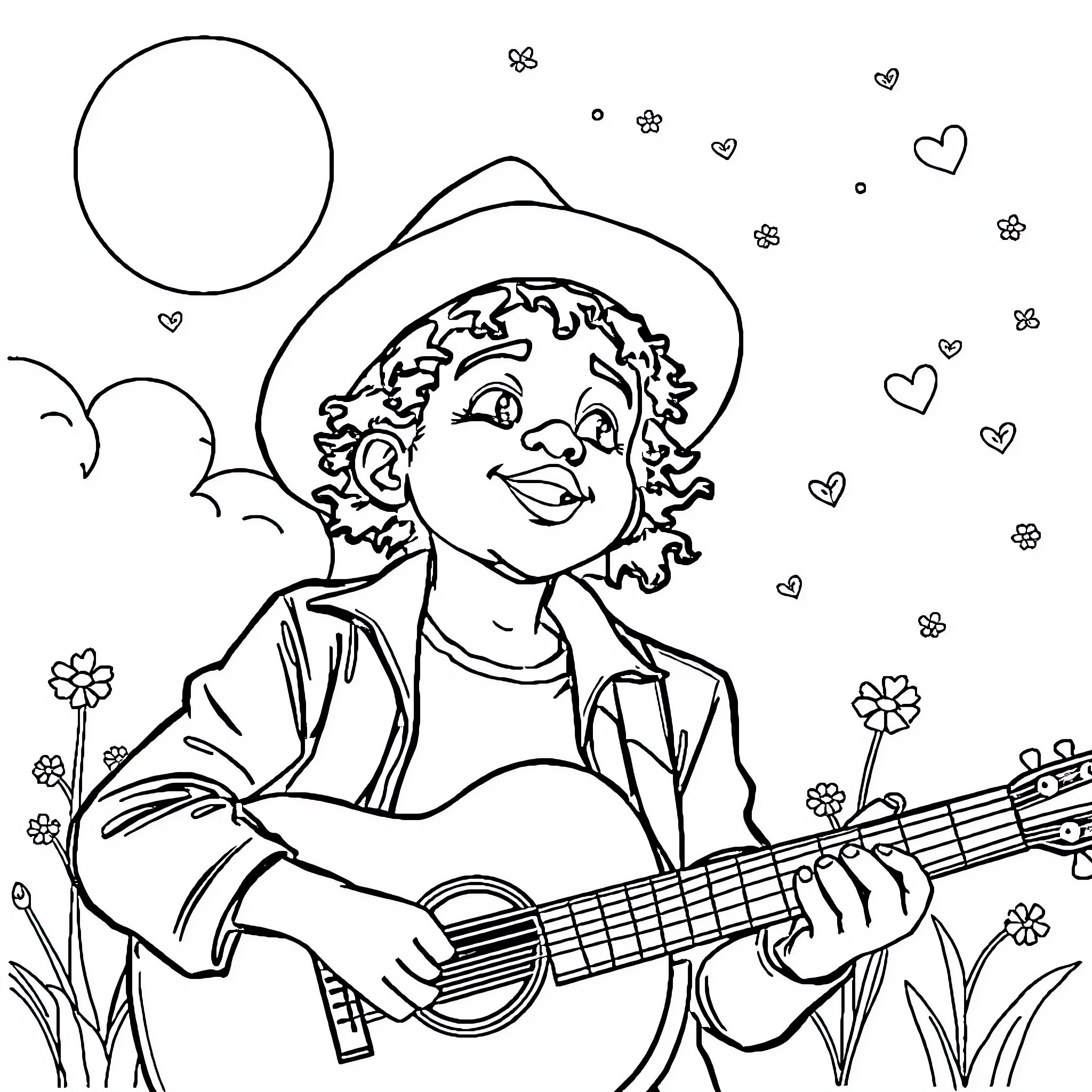 Junior H's Musical Adventure in the Garden Coloring Page (free black-and-white line drawing printable PDF for all, from beginners to advanced learners, including children, teens, adults, and seniors)