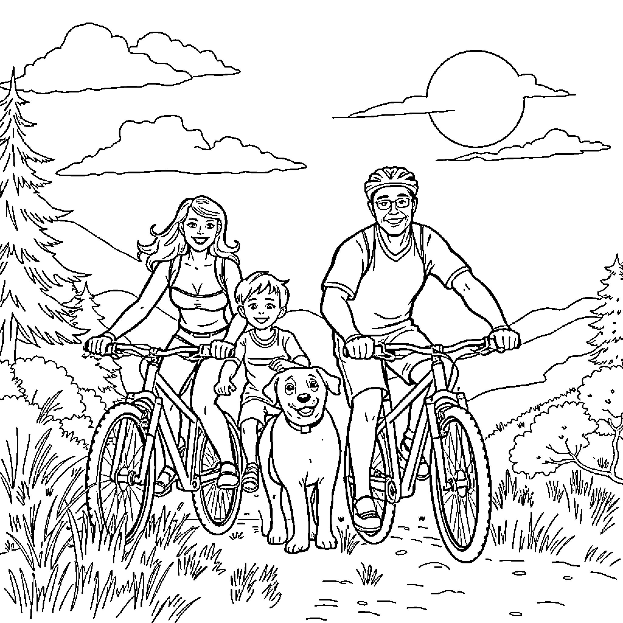 Family on a Cycling Adventure in Nature Coloring Page (free black-and-white line drawing printable PDF for all, from beginners to advanced learners, including children, teens, adults, and seniors)