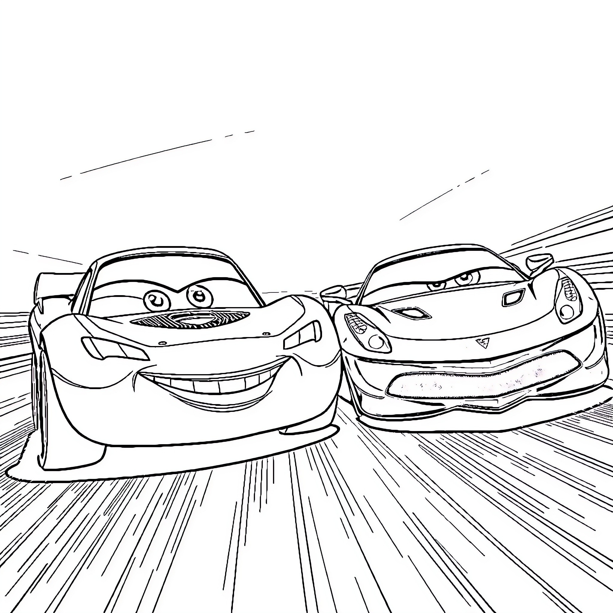 Flash McQueen racing with his car friends Coloring Page (free black-and-white line drawing printable PDF for all, from beginners to advanced learners, including children, teens, adults, and seniors)