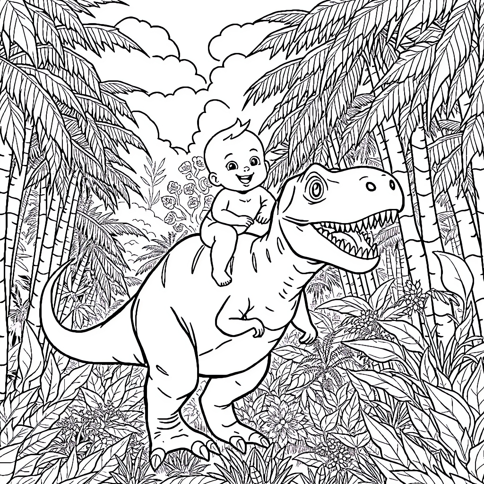 Baby riding happily on a dinosaur in a jungle scene Coloring Page (free black-and-white line drawing printable PDF for all, from beginners to advanced learners, including children, teens, adults, and seniors)