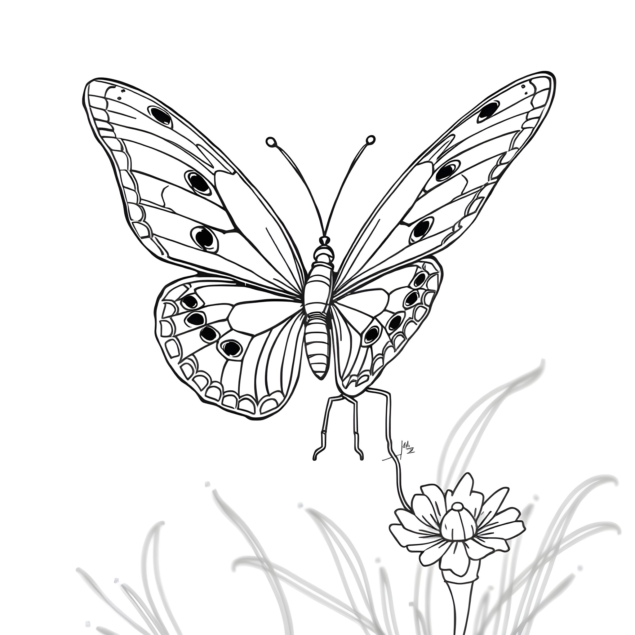 Butterfly exploring a flower Coloring Page (free black-and-white line drawing printable PDF for all, from beginners to advanced learners, including children, teens, adults, and seniors)