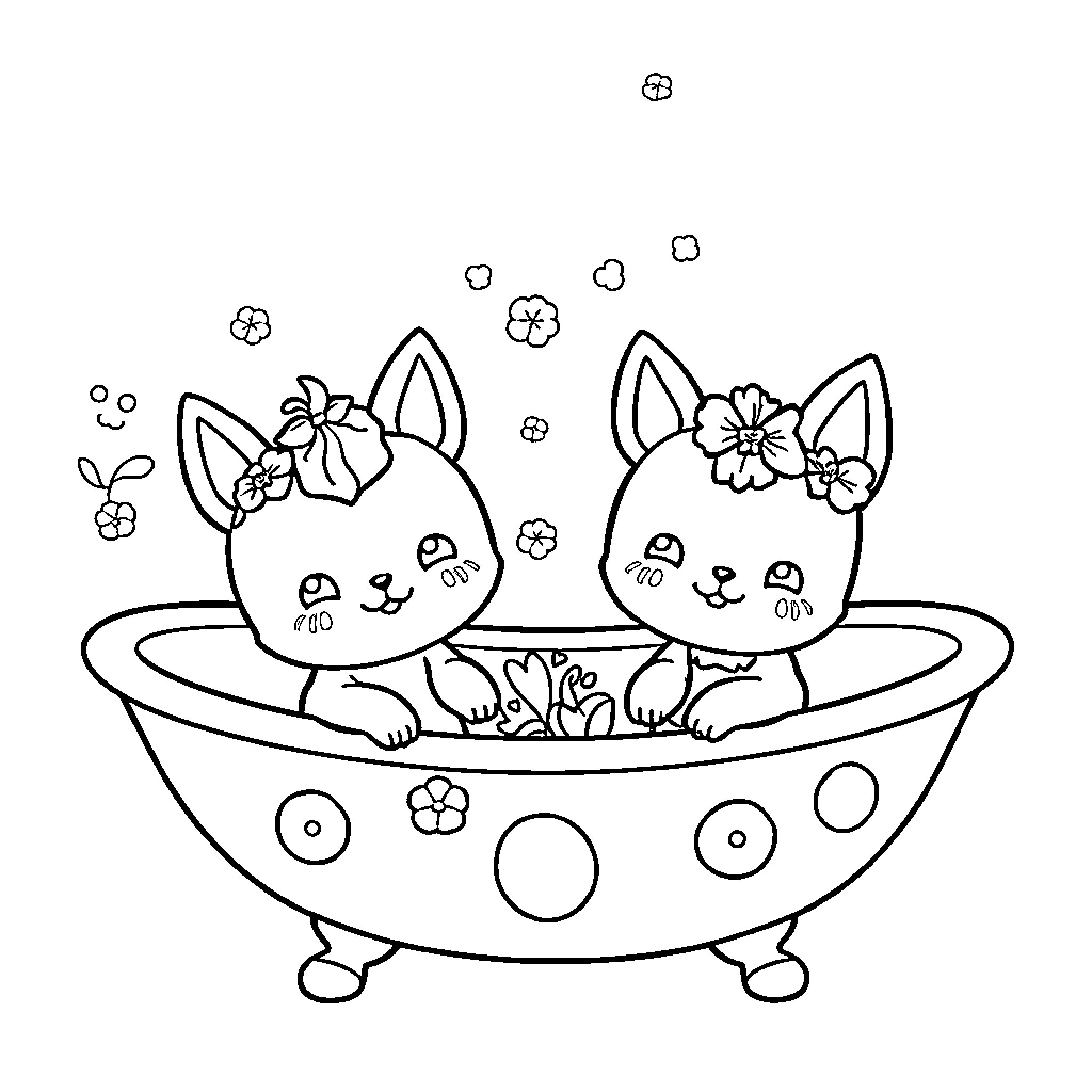 Kawaii Kittens Enjoying Floral Bath Coloring Page (free black-and-white line drawing printable PDF for all, from beginners to advanced learners, including children, teens, adults, and seniors)