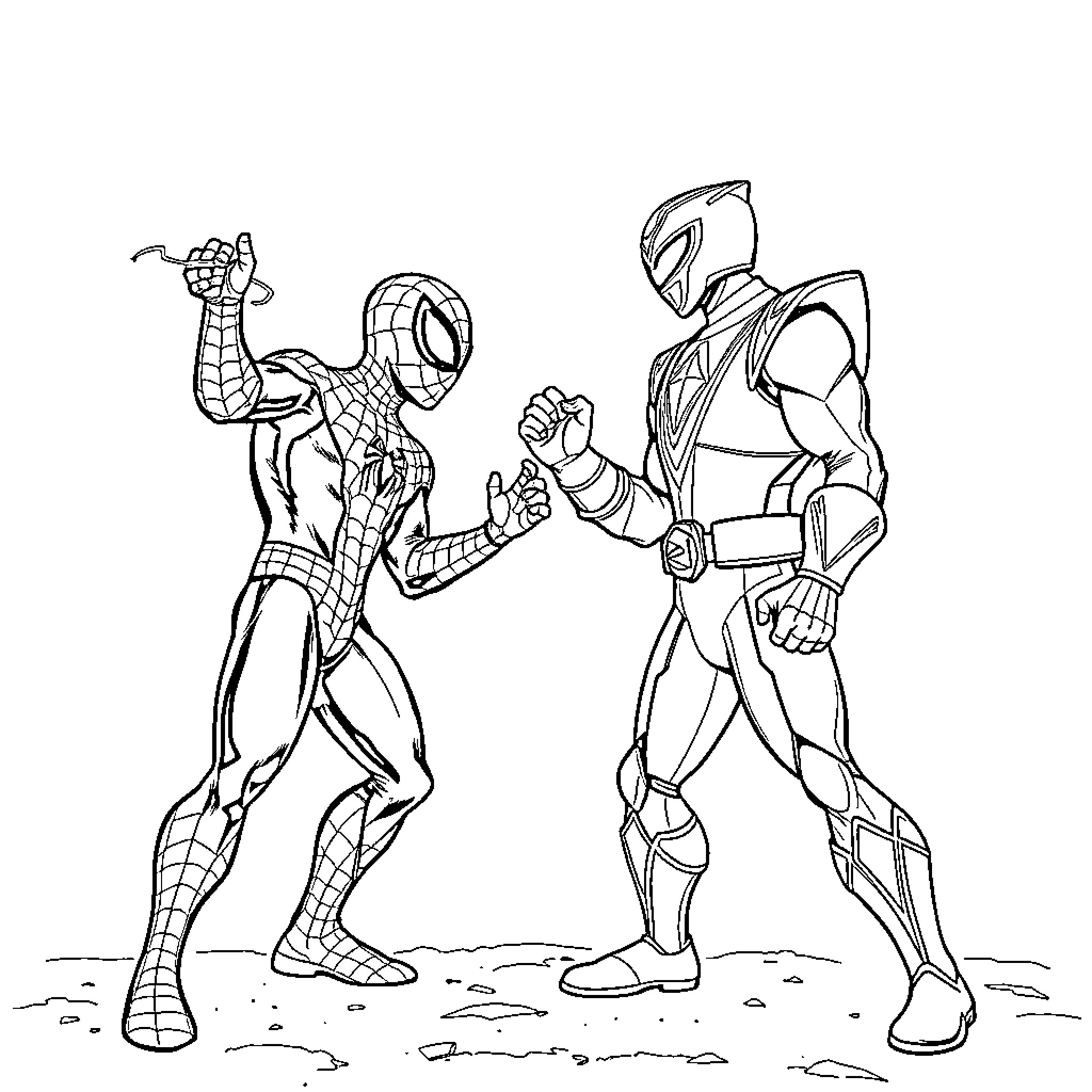Spiderman and Power Ranger facing off Coloring Page (free black-and-white line drawing printable PDF for all, from beginners to advanced learners, including children, teens, adults, and seniors)