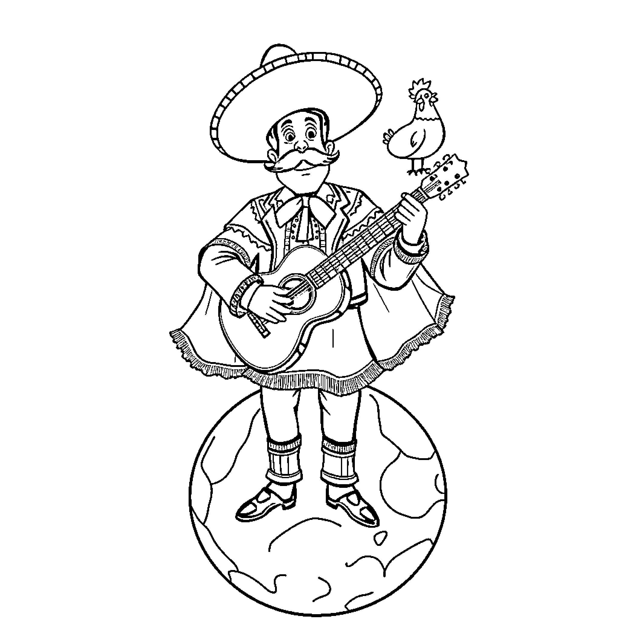 Mariachi musician playing guitar with bird companion Coloring Page (free black-and-white line drawing printable PDF for all, from beginners to advanced learners, including children, teens, adults, and seniors)