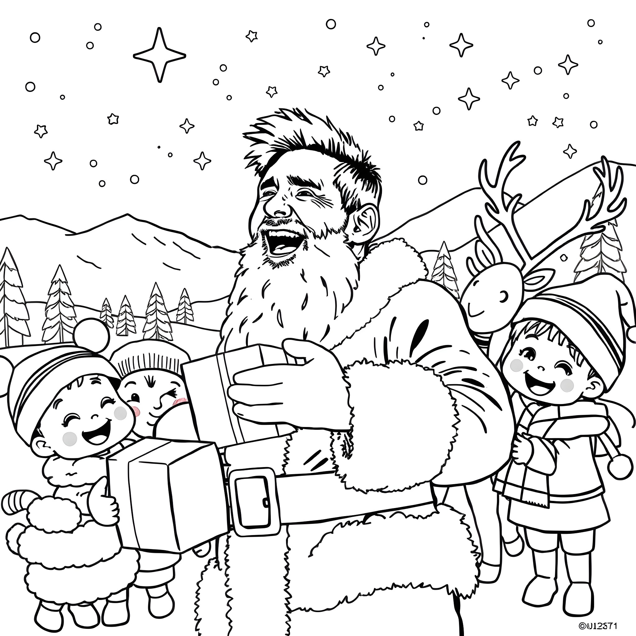 Lionel Messi having fun with Santa Claus and children in the snow Coloring Page (free black-and-white line drawing printable PDF for all, from beginners to advanced learners, including children, teens, adults, and seniors)