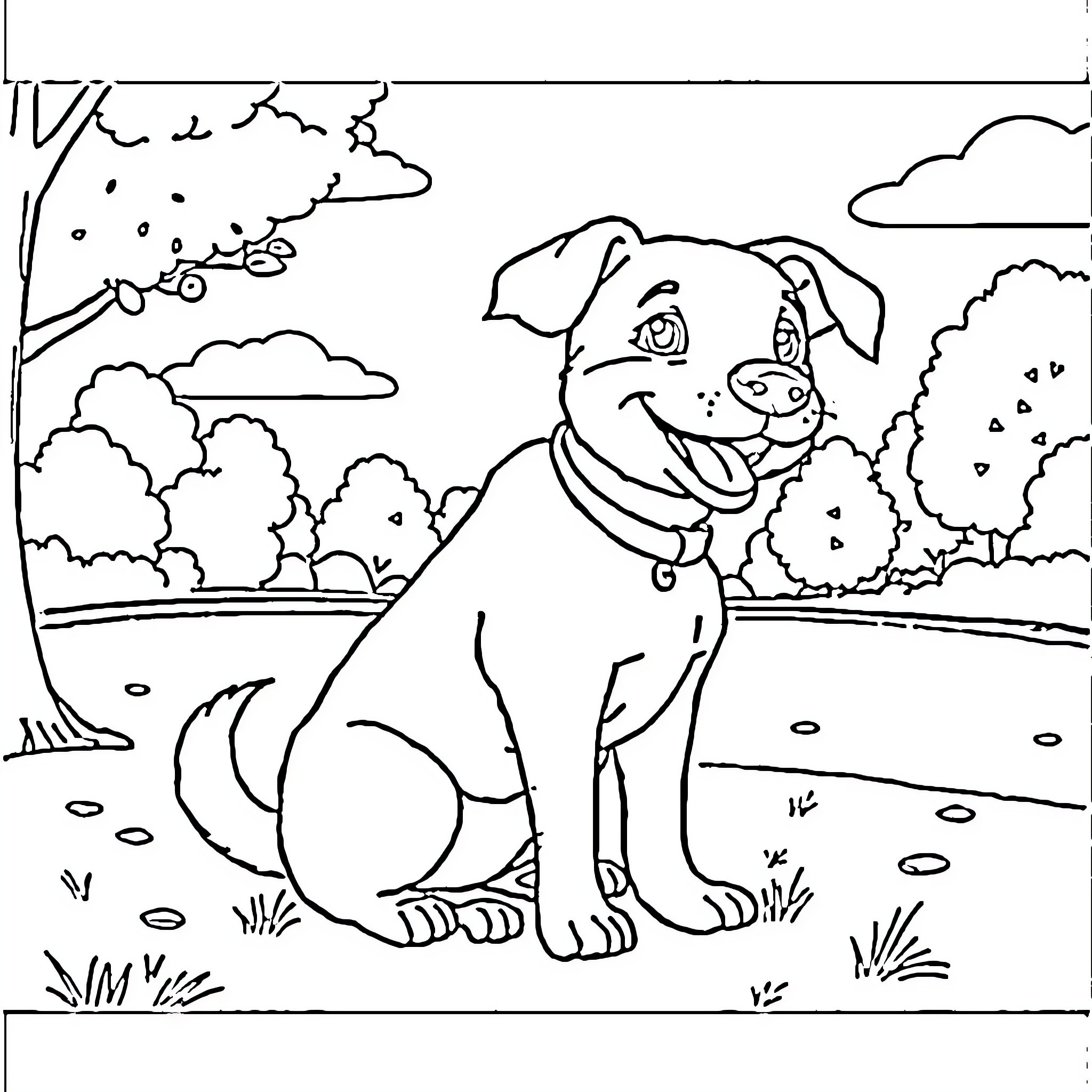 Dog enjoying the outdoors in a scenic landscape Coloring Page (free black-and-white line drawing printable PDF for all, from beginners to advanced learners, including children, teens, adults, and seniors)