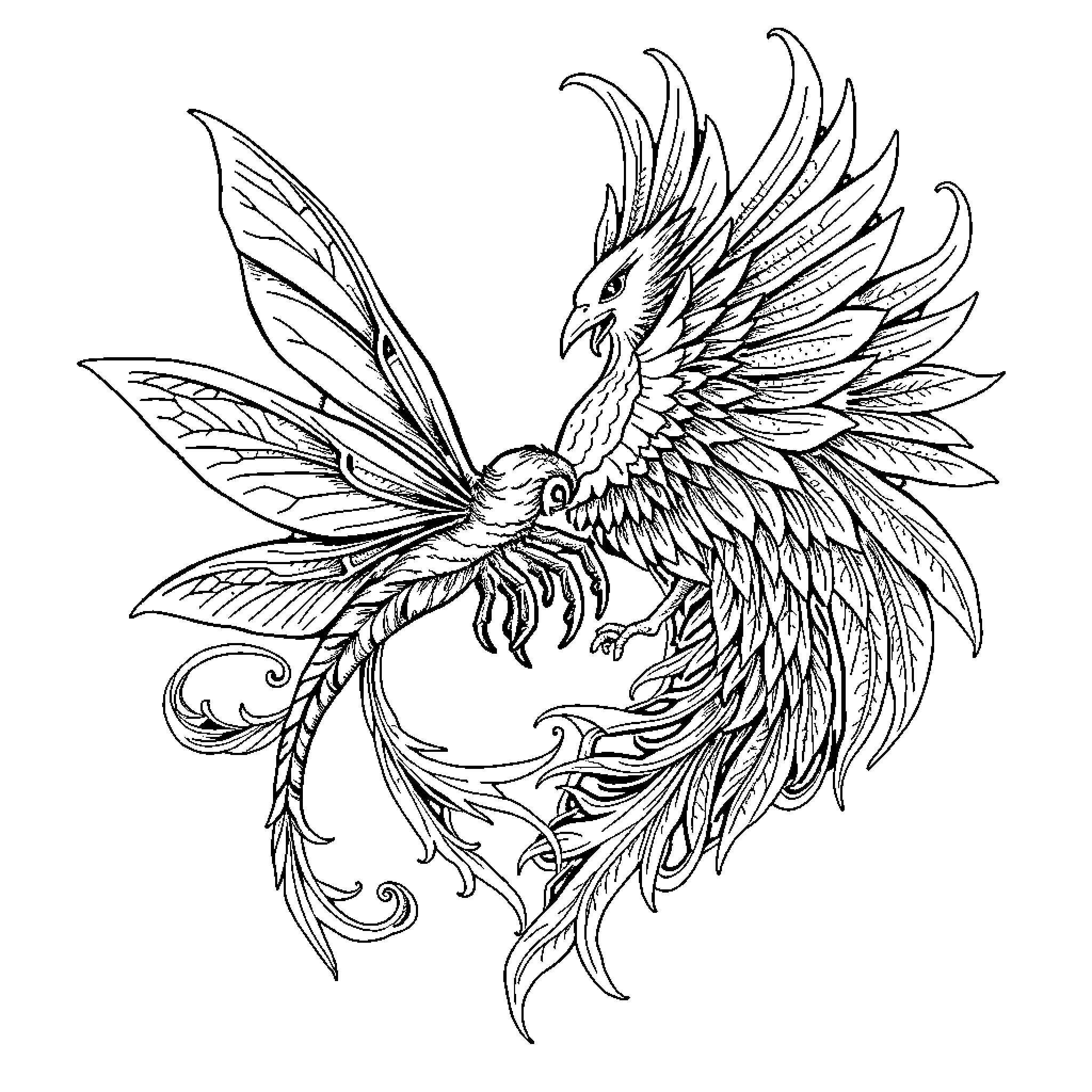 Dragonfly with majestic wings in flight Coloring Page (free black-and-white line drawing printable PDF for all, from beginners to advanced learners, including children, teens, adults, and seniors)