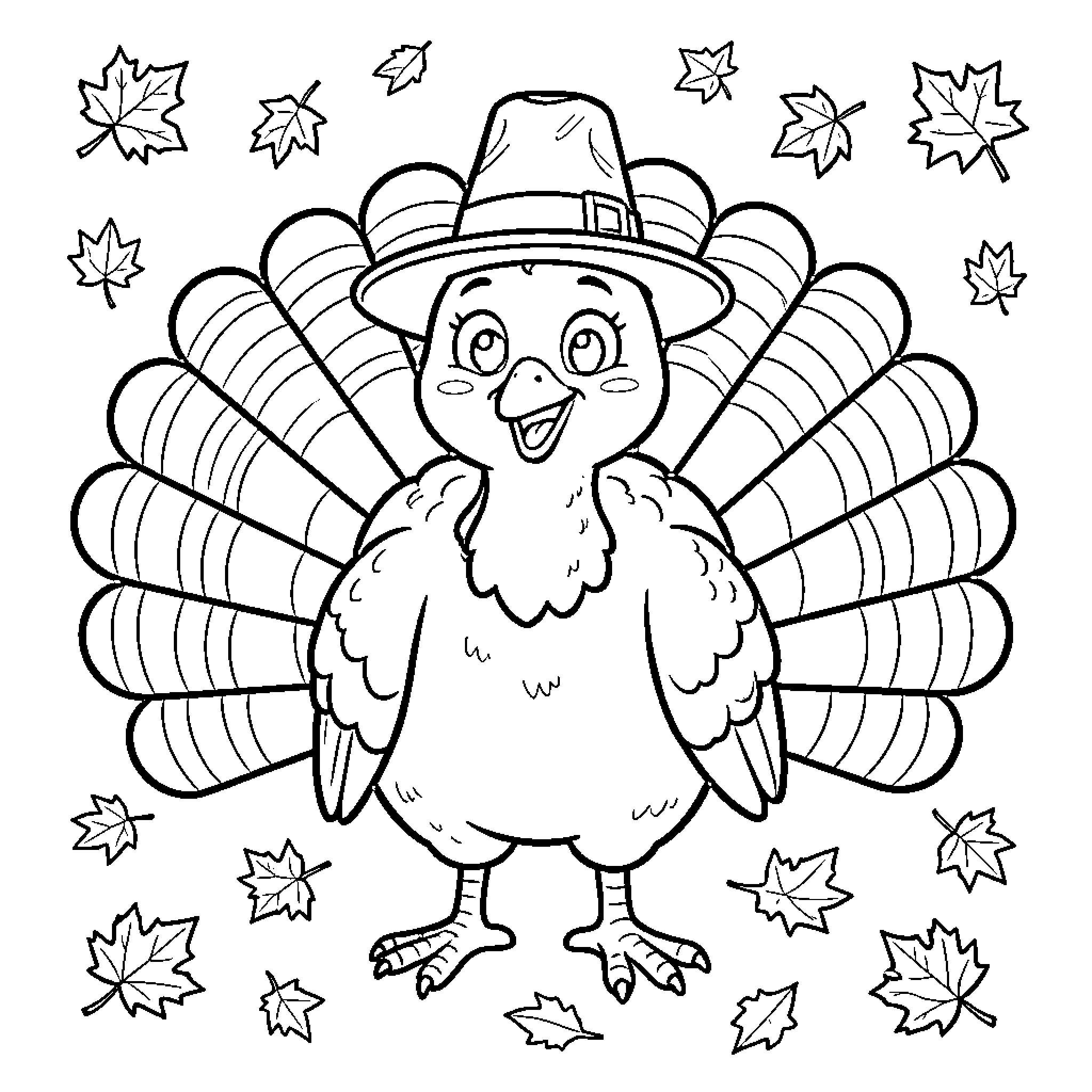 Turkey wearing a pilgrim hat and smiling joyfully Coloring Page (free black-and-white line drawing printable PDF for all, from beginners to advanced learners, including children, teens, adults, and seniors)