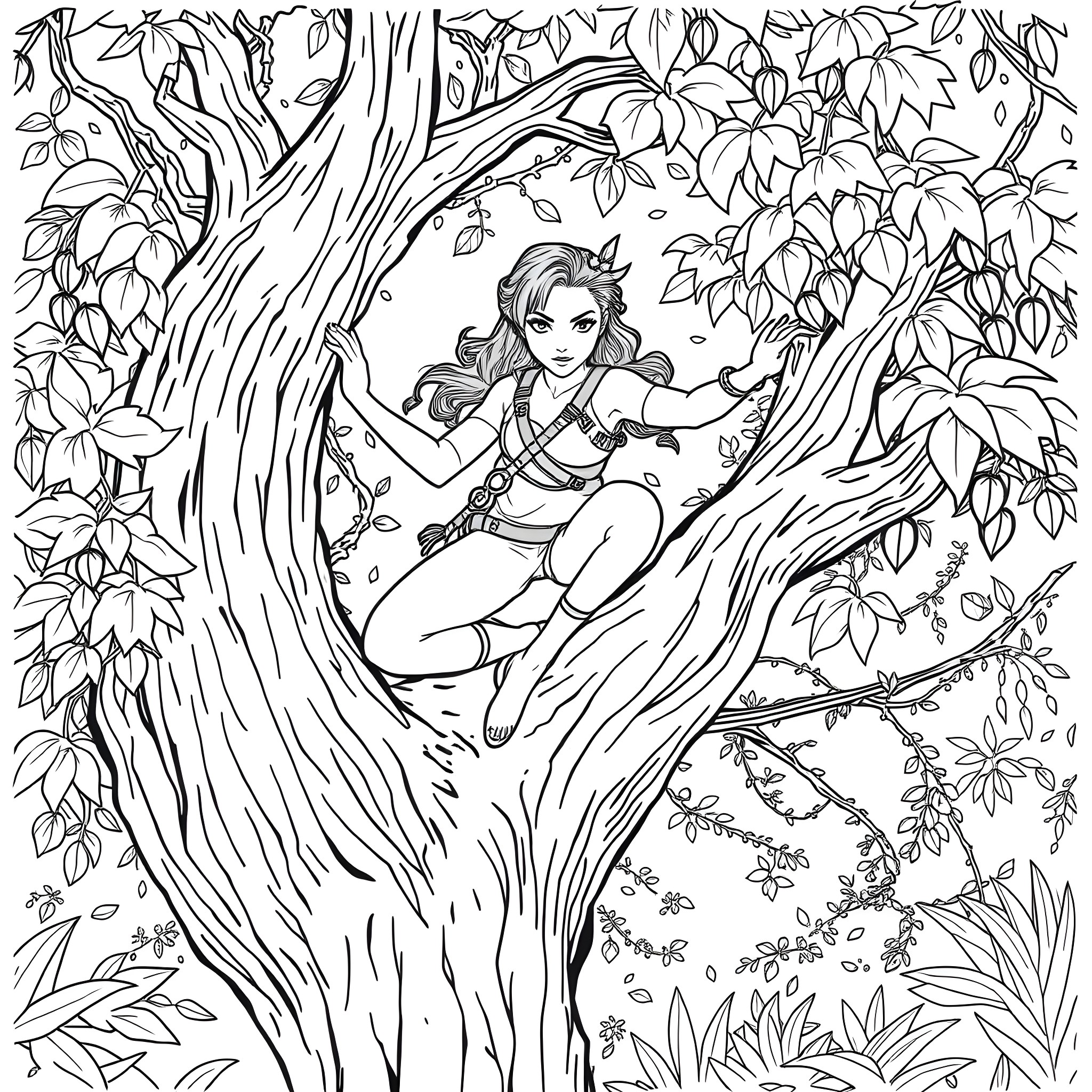 Rue's Woodland Reverie Coloring Page (free black-and-white line drawing printable PDF for all, from beginners to advanced learners, including children, teens, adults, and seniors)