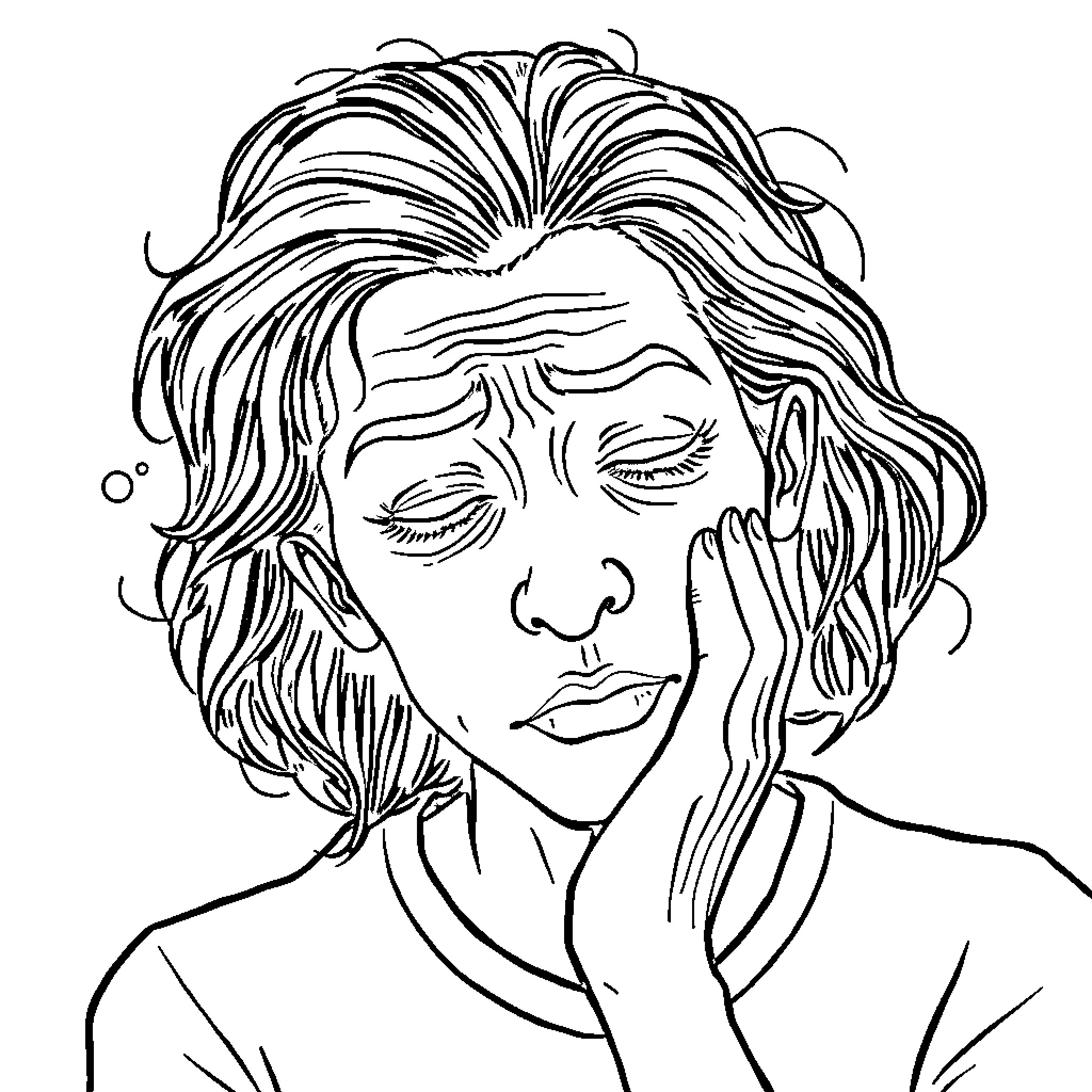 Brainrot: Pensive Portrait of an Individual Coloring Page (free black-and-white line drawing printable PDF for all, from beginners to advanced learners, including children, teens, adults, and seniors)