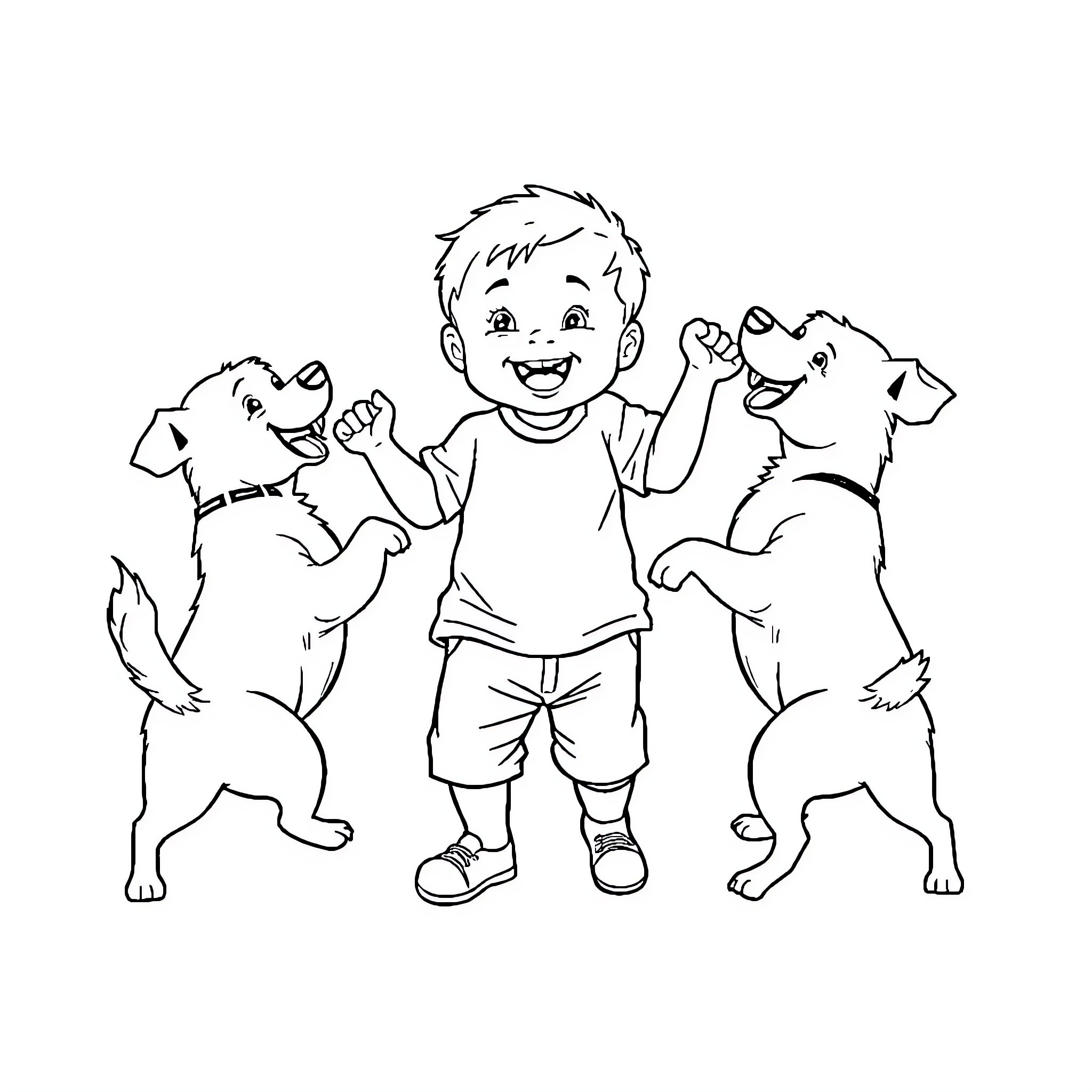 Dog and boy playing happily together Coloring Page (free black-and-white line drawing printable PDF for all, from beginners to advanced learners, including children, teens, adults, and seniors)