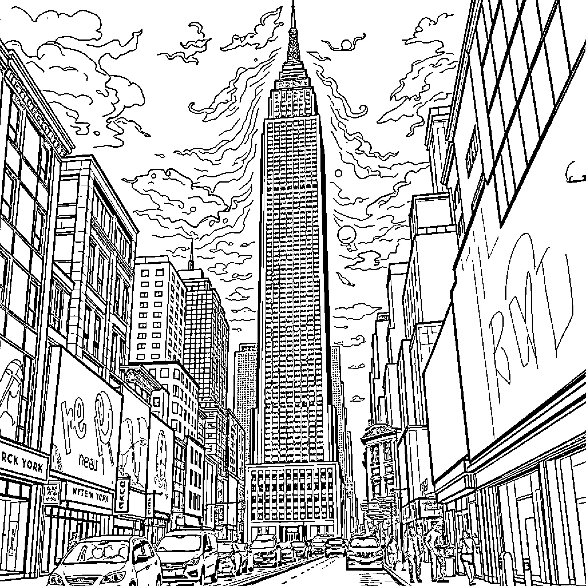 Skyscraper in a bustling cityscape Coloring Page (free black-and-white line drawing printable PDF for all, from beginners to advanced learners, including children, teens, adults, and seniors)