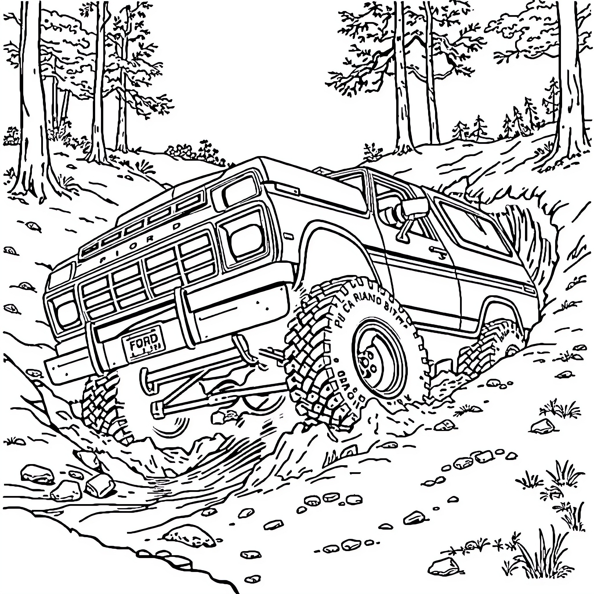 Ford Bronco navigating rugged forest terrain Coloring Page (free black-and-white line drawing printable PDF for all, from beginners to advanced learners, including children, teens, adults, and seniors)