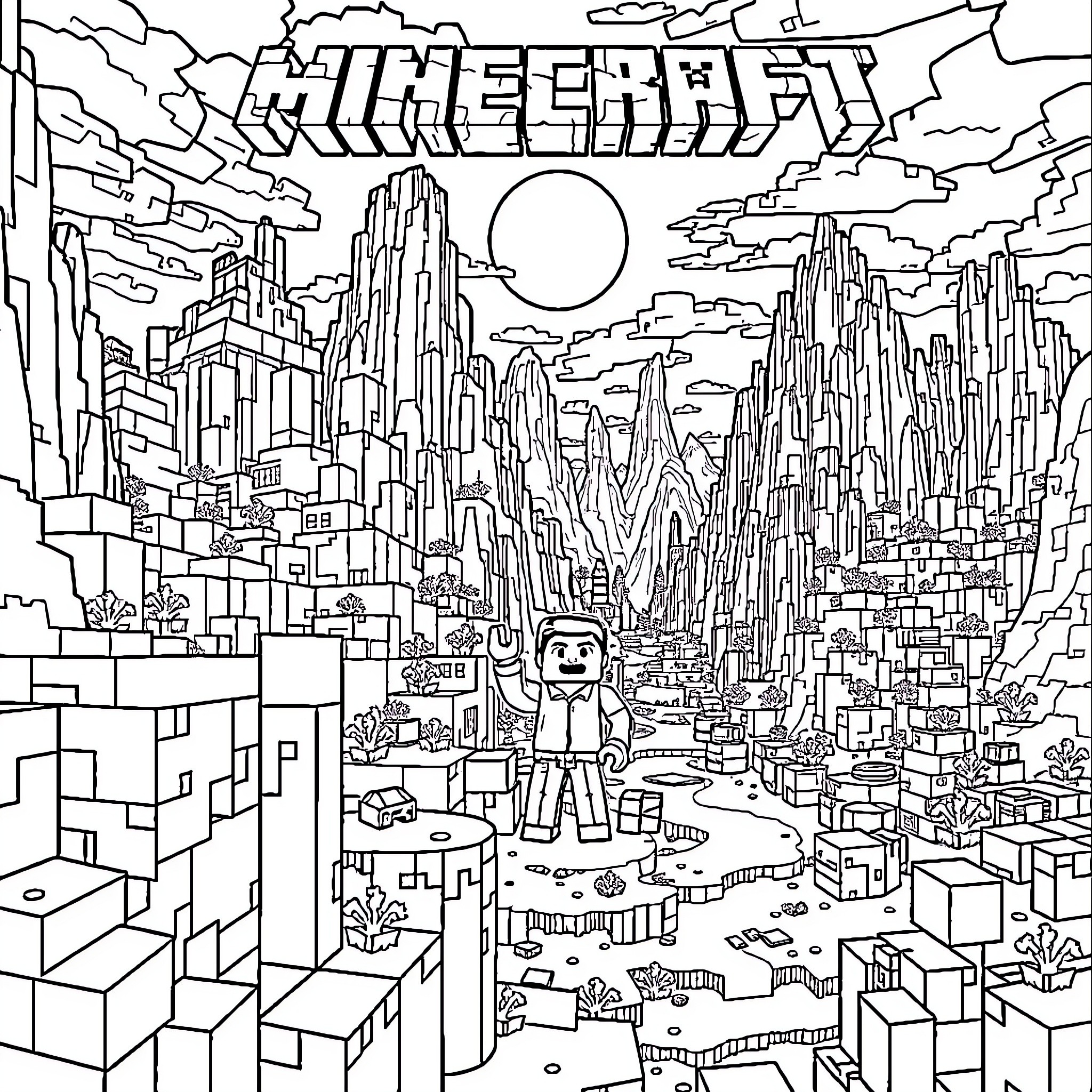 Minecraft player exploring a vast blocky landscape Coloring Page (free black-and-white line drawing printable PDF for all, from beginners to advanced learners, including children, teens, adults, and seniors)