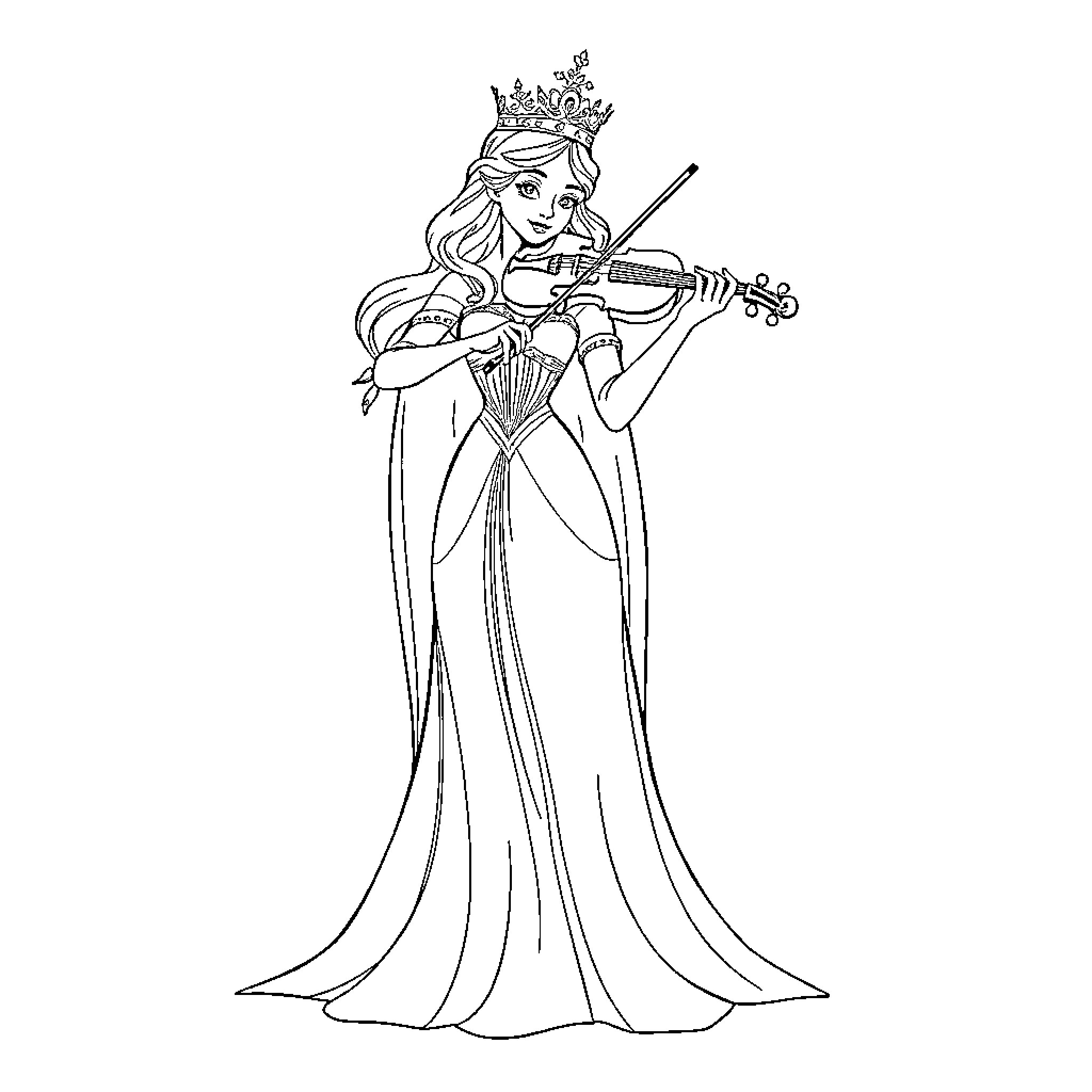 Snow Queen wearing a crown and playing the violin Coloring Page (free black-and-white line drawing printable PDF for all, from beginners to advanced learners, including children, teens, adults, and seniors)